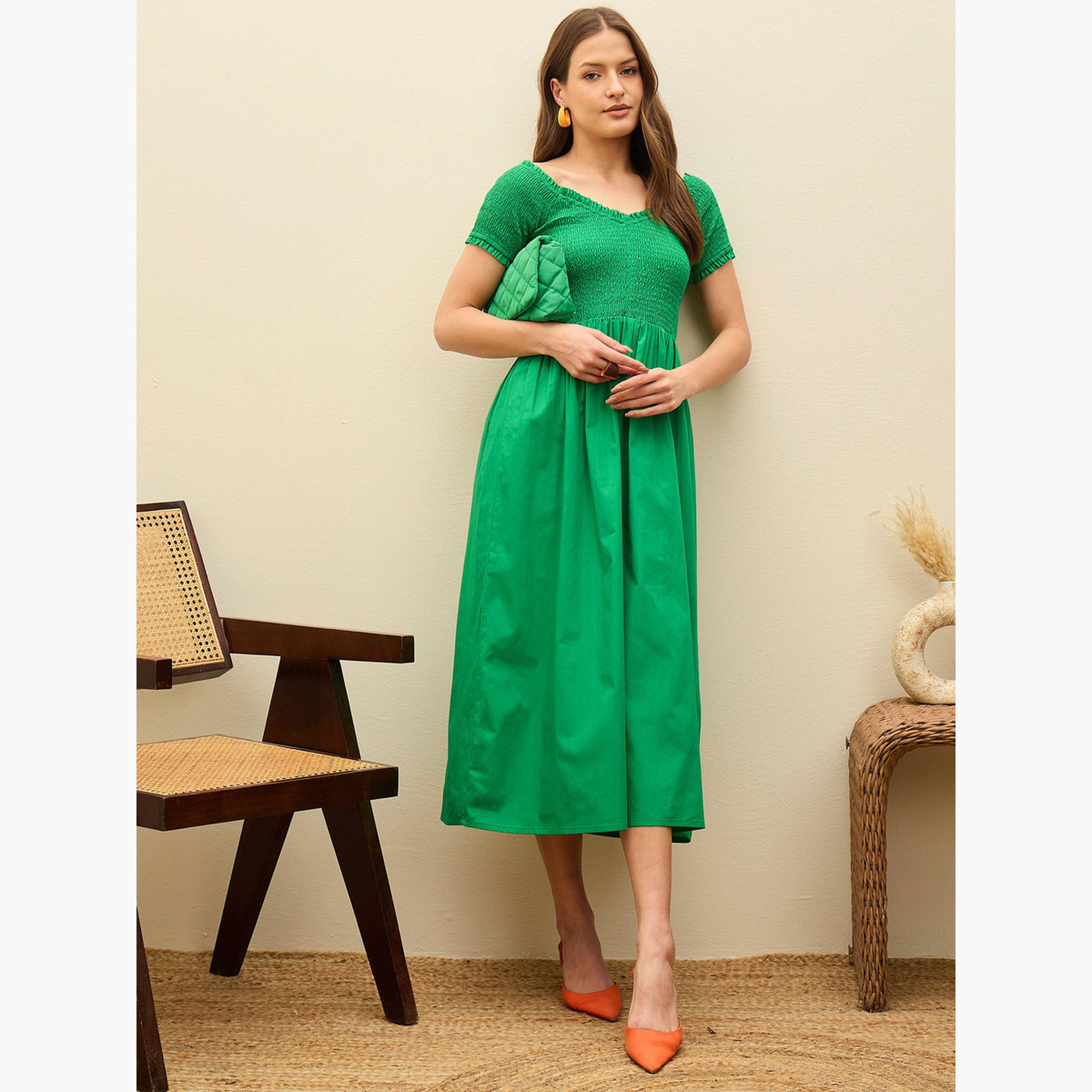 ساسافراس - فستان متوسط ​​الطول بتفاصيل مطرزة لون أخضر زمردي للنساء-women-clothing-dresses-image-5