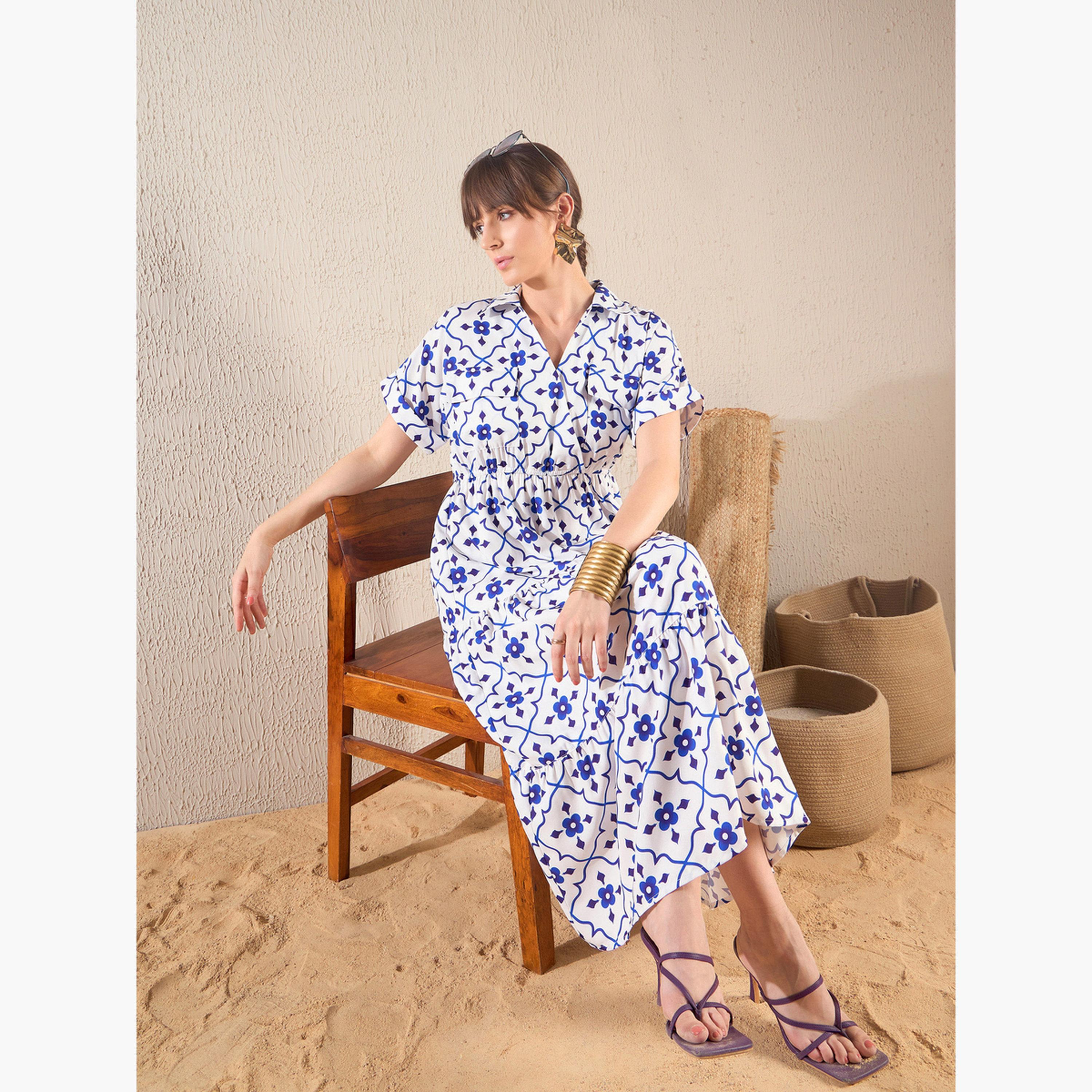 Sassafras Navy Blue Floral Print Tiered Midi Dress-women-clothing-dresses-image-2