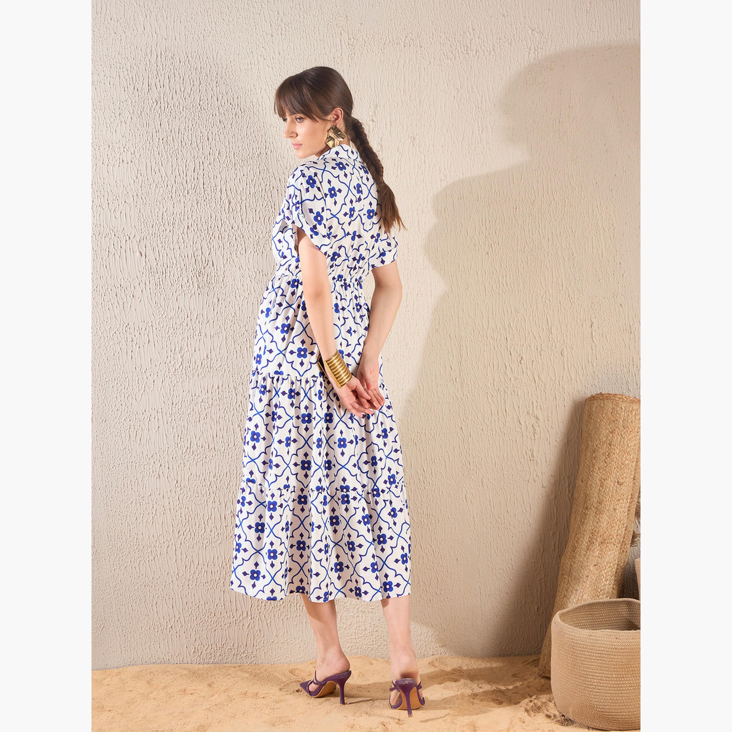 ساسافراس - فستان ميدي متعدد الطبقات بطبعة زهور لون أزرق الداكن-women-clothing-dresses-image-5