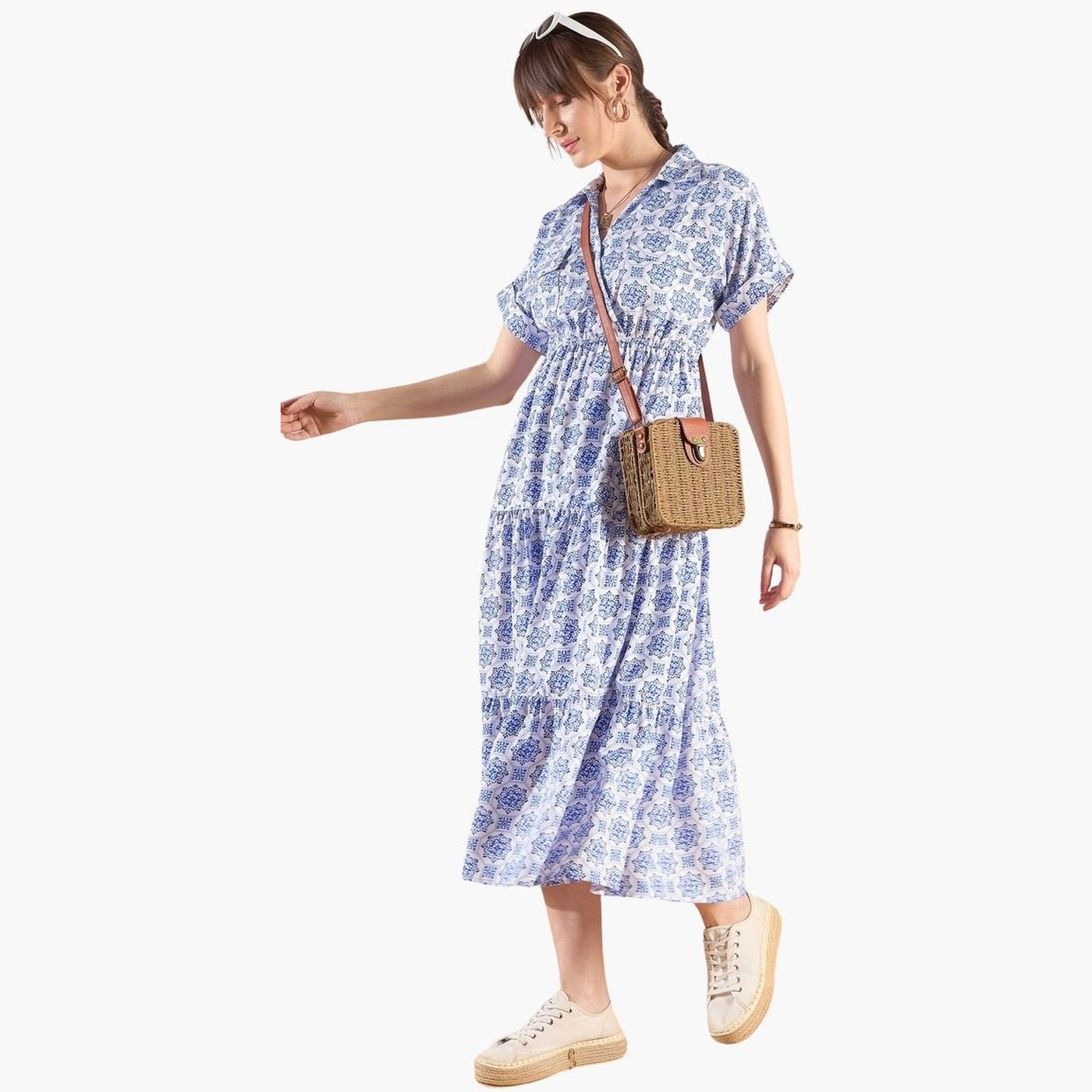 ساسافراس - فستان ميدي متعدد الطبقات نقشة زهور زرقاء للنساء-women-clothing-dresses-image-1