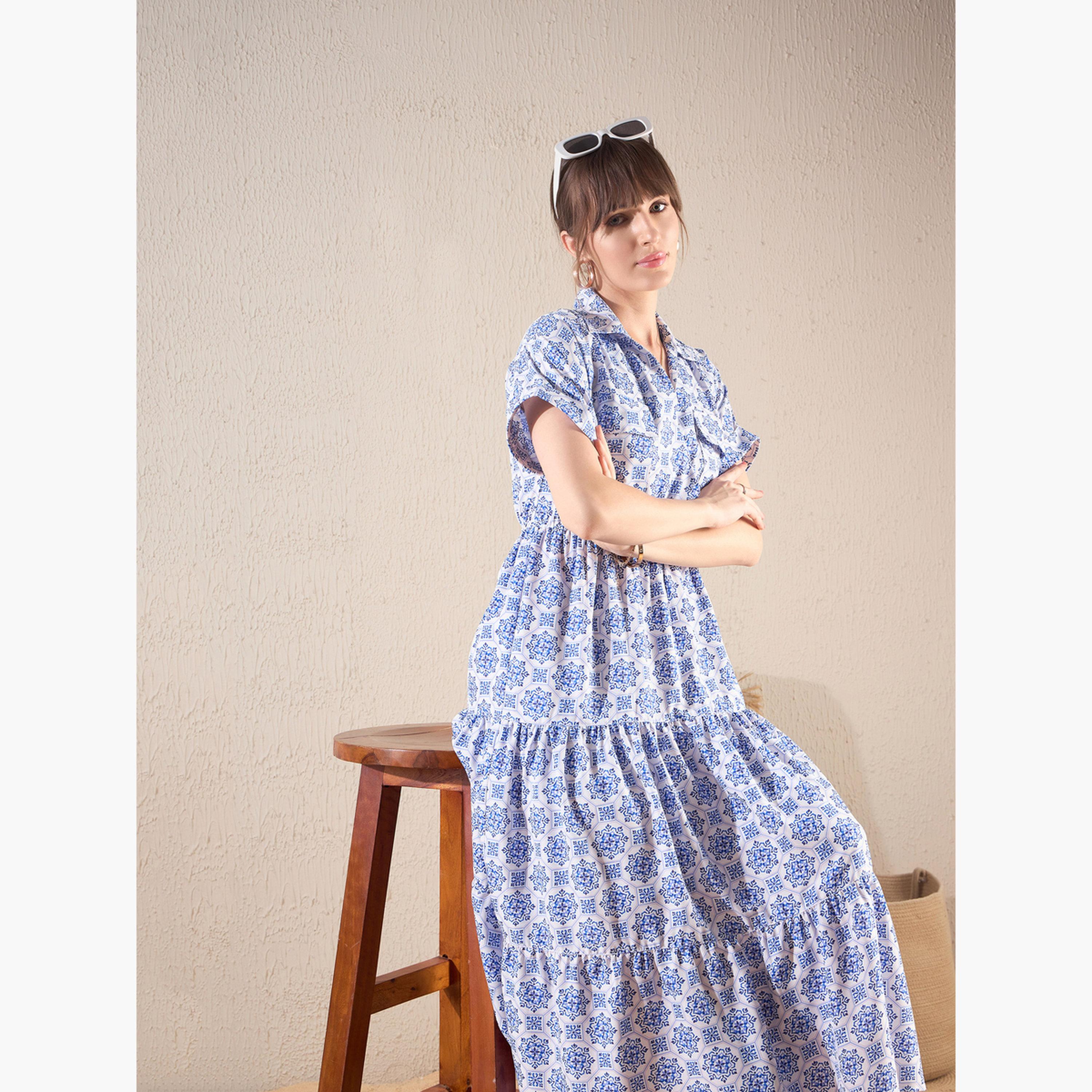 ساسافراس - فستان ميدي متعدد الطبقات نقشة زهور زرقاء للنساء-women-clothing-dresses-image-2