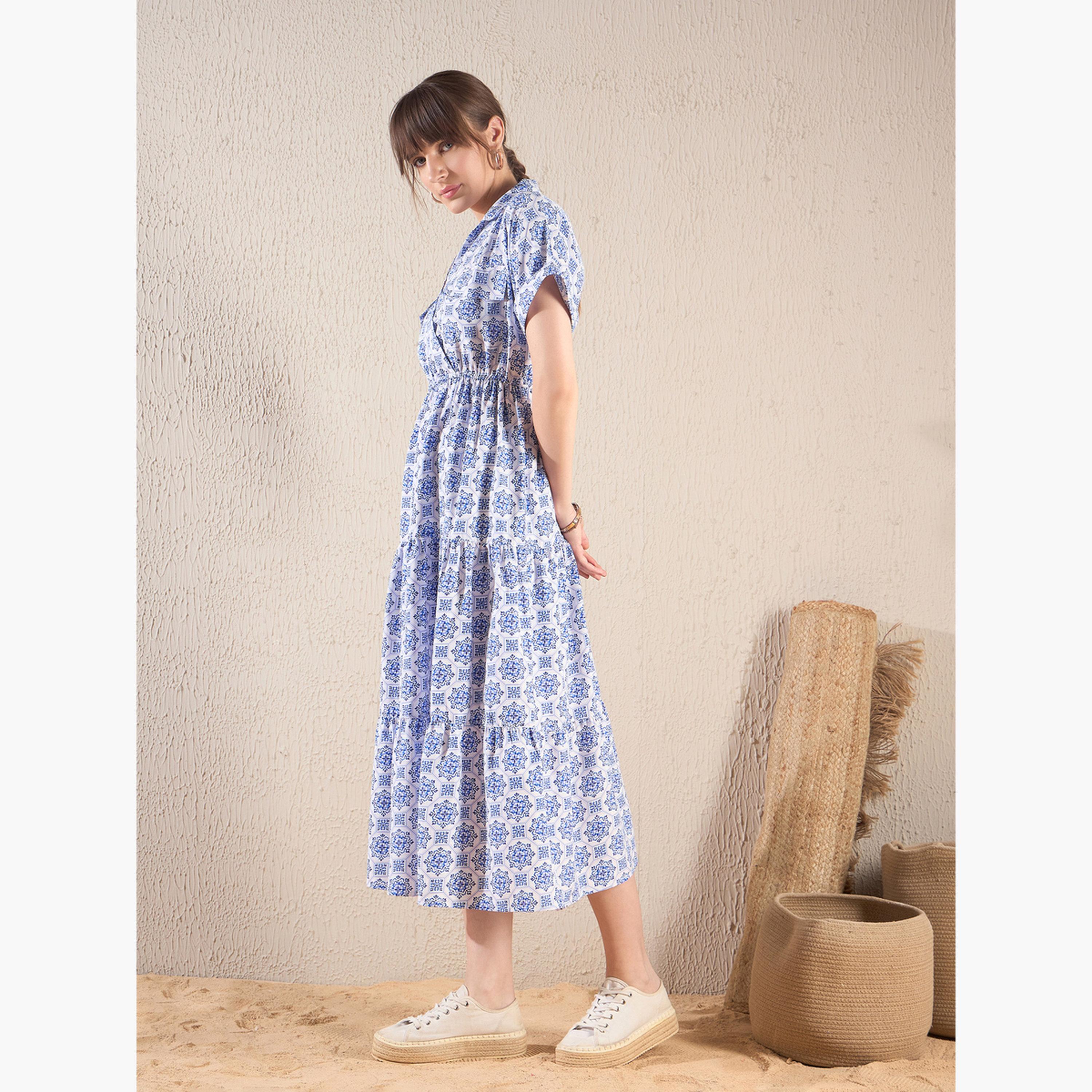 ساسافراس - فستان ميدي متعدد الطبقات نقشة زهور زرقاء للنساء-women-clothing-dresses-image-3