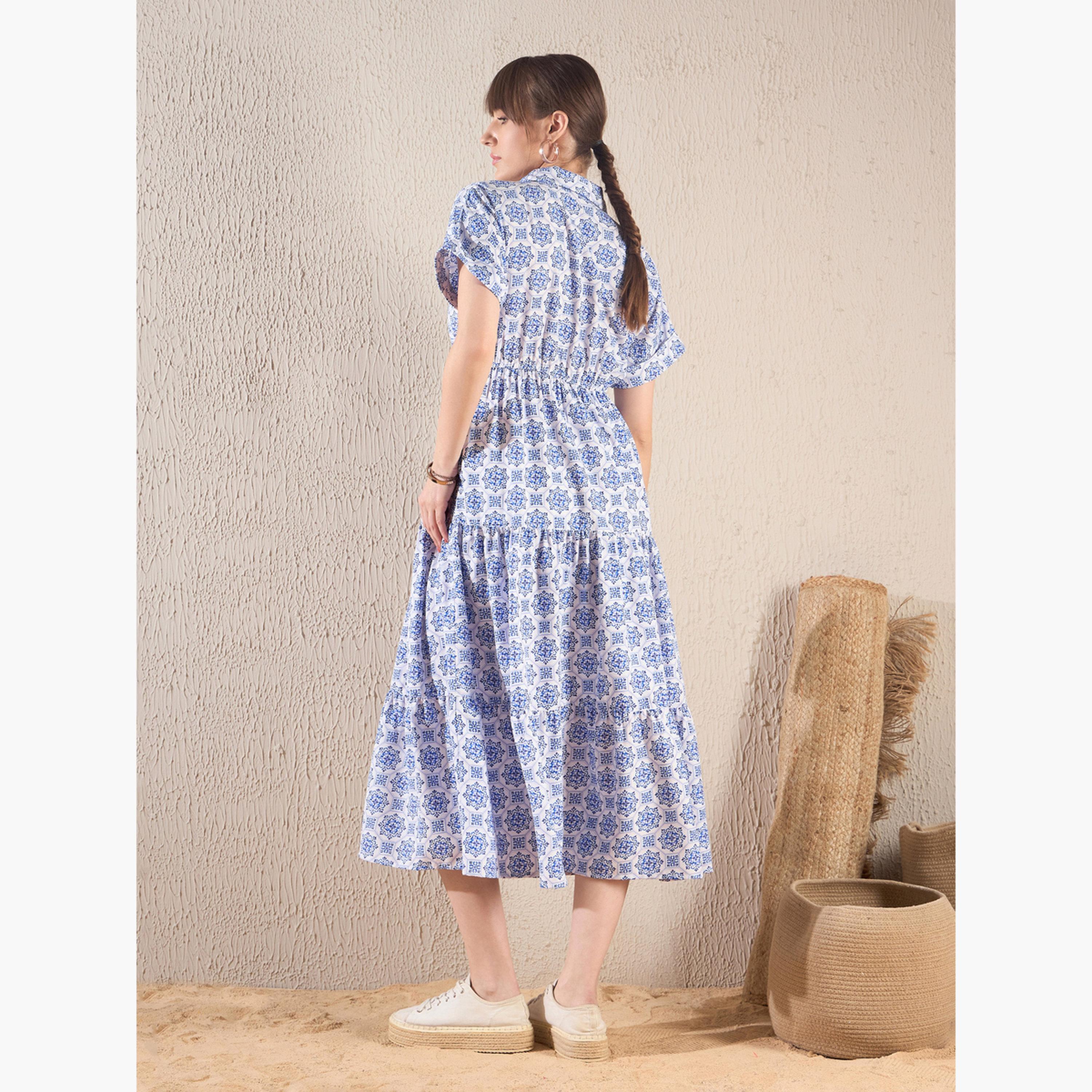 ساسافراس - فستان ميدي متعدد الطبقات نقشة زهور زرقاء للنساء-women-clothing-dresses-image-5