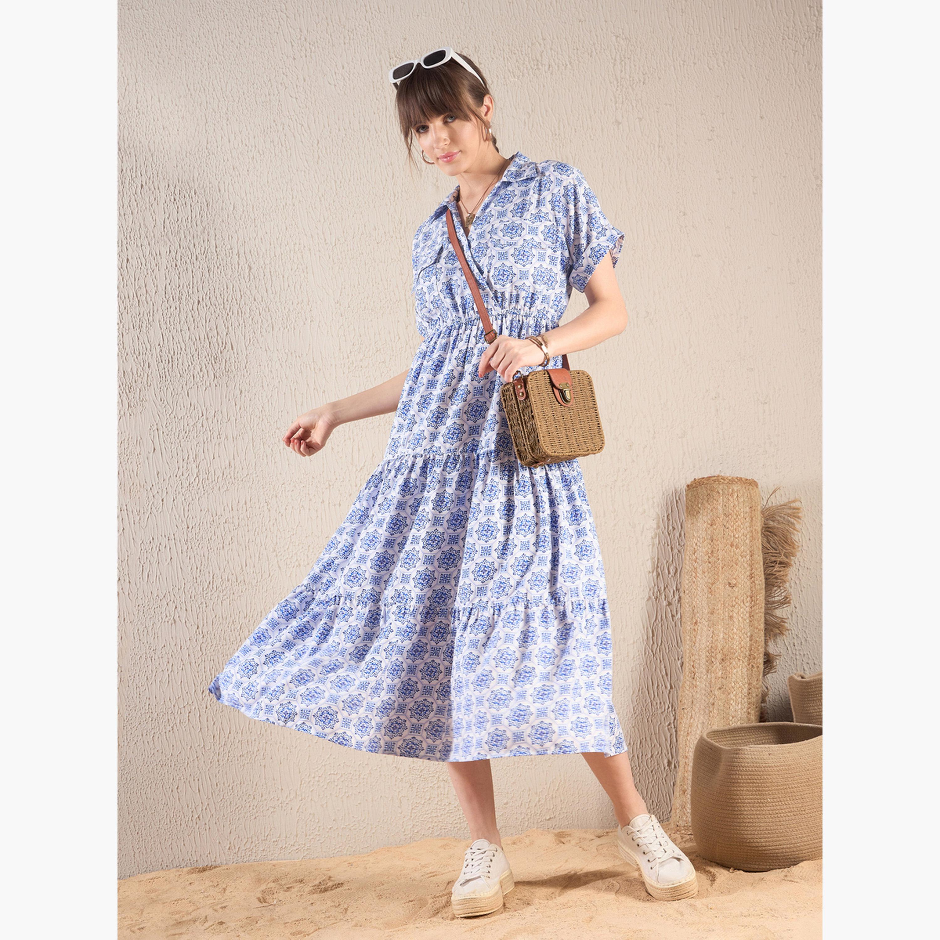 ساسافراس - فستان ميدي متعدد الطبقات نقشة زهور زرقاء للنساء-women-clothing-dresses-image-6