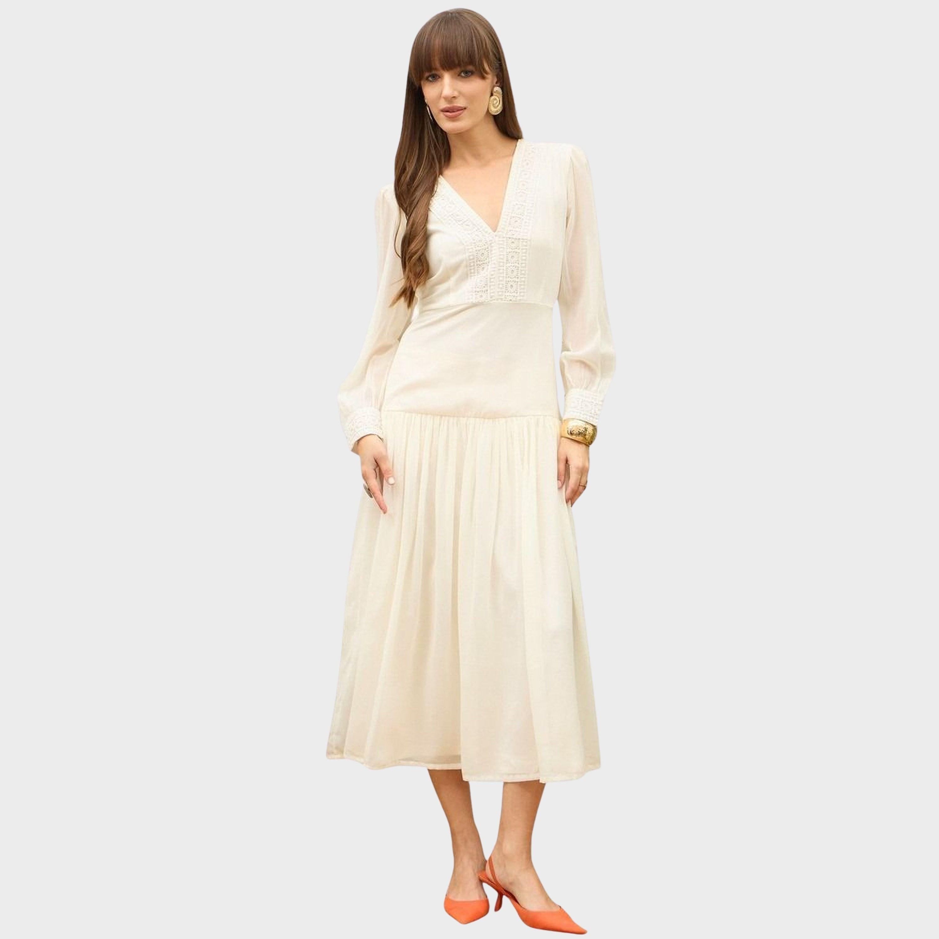 ساسافراس - فستان متوسط ​​الطول لون اوف وايت بفتحة على شكل حرف V وتفاصيل دانتيل للنساء-women-clothing-dresses-image-1