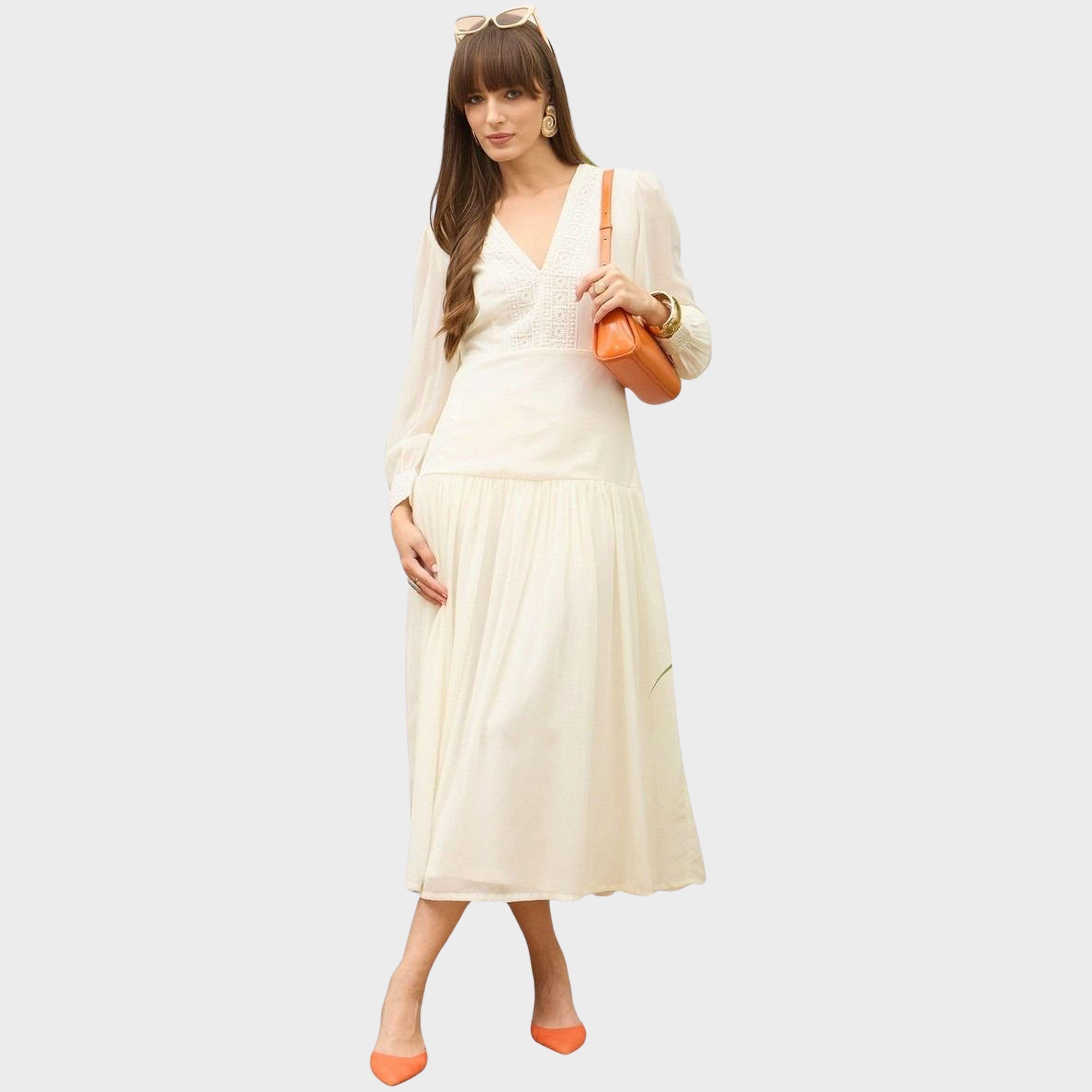 ساسافراس - فستان متوسط ​​الطول لون اوف وايت بفتحة على شكل حرف V وتفاصيل دانتيل للنساء-women-clothing-dresses-image-2