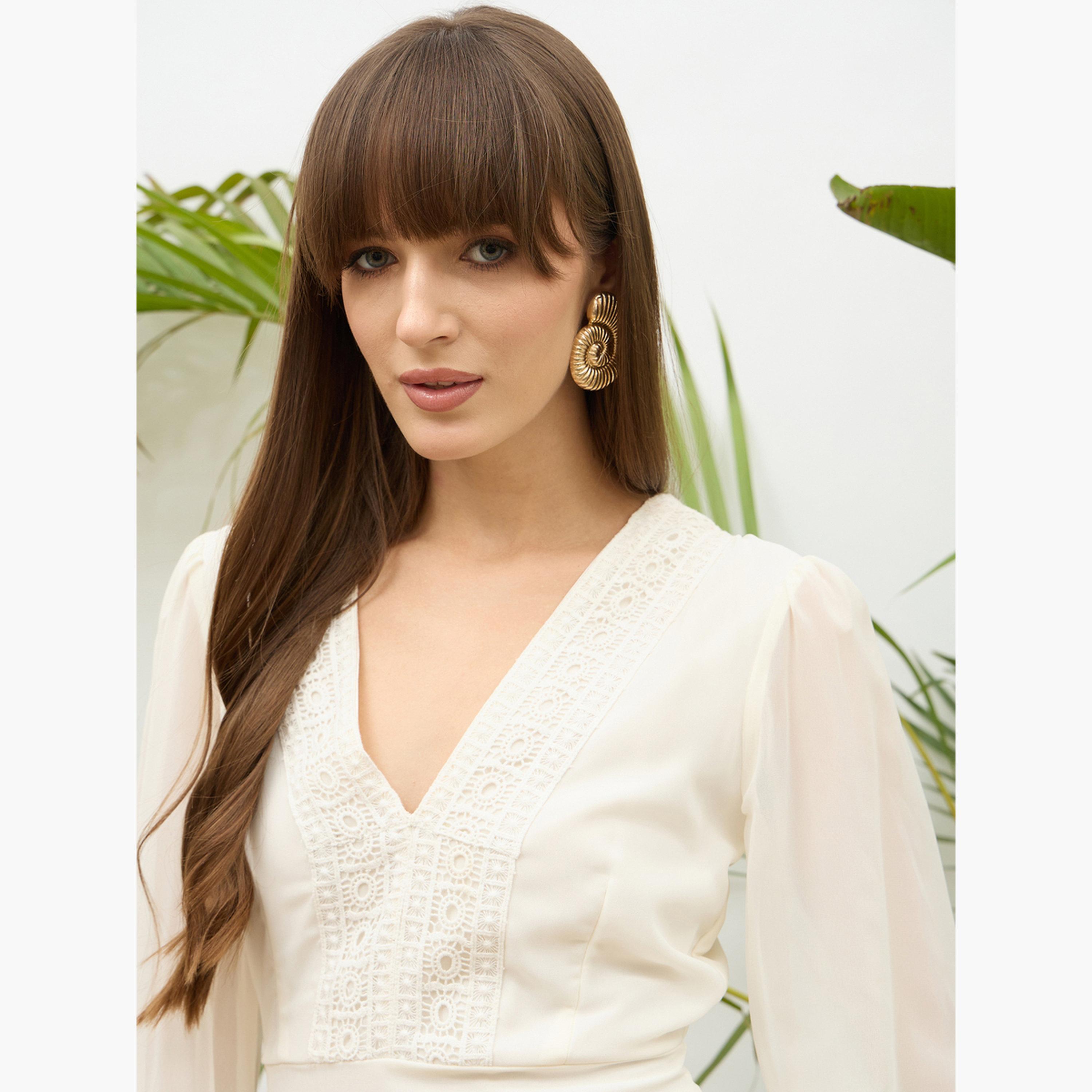 ساسافراس - فستان متوسط ​​الطول لون اوف وايت بفتحة على شكل حرف V وتفاصيل دانتيل للنساء-women-clothing-dresses-image-4