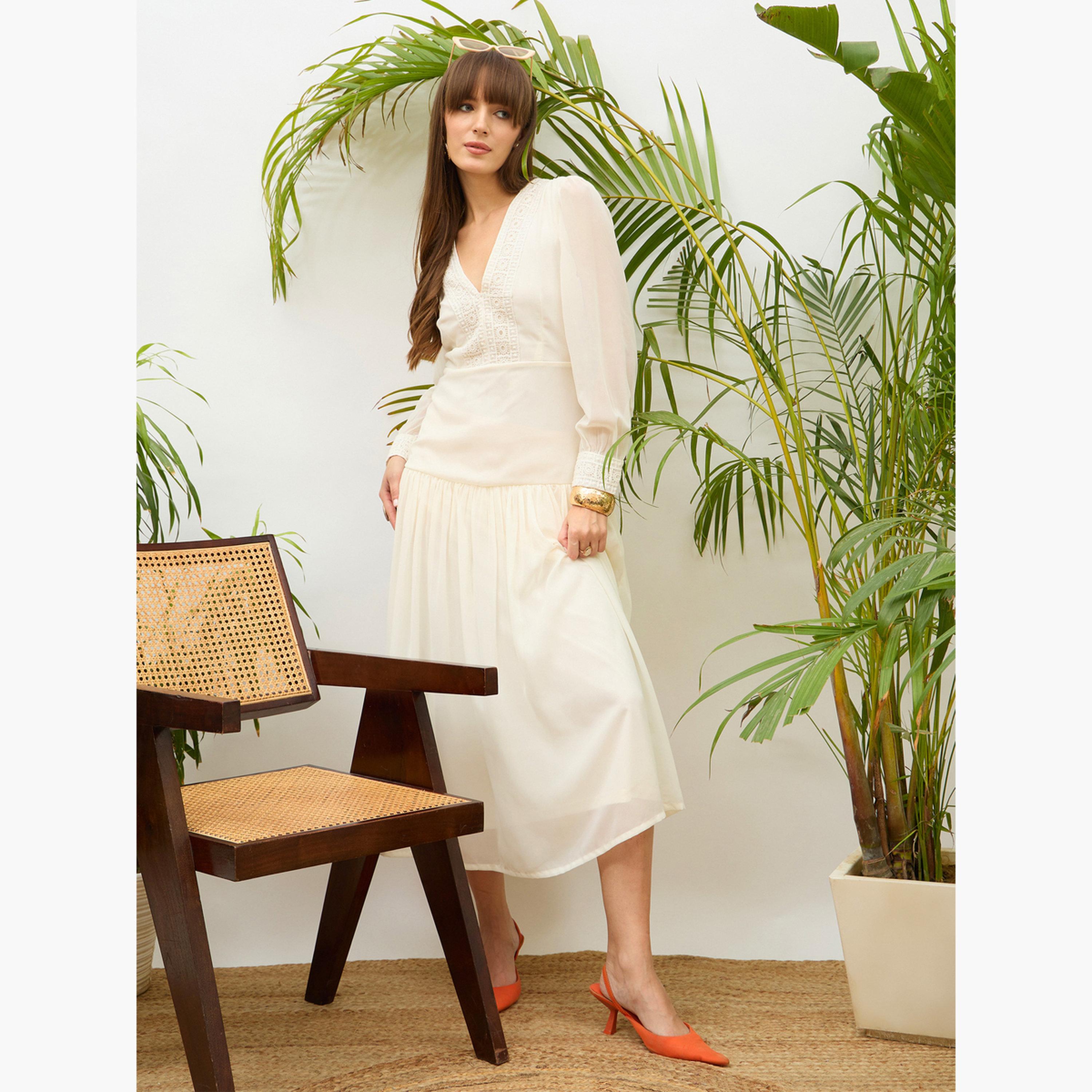 ساسافراس - فستان متوسط ​​الطول لون اوف وايت بفتحة على شكل حرف V وتفاصيل دانتيل للنساء-women-clothing-dresses-image-6