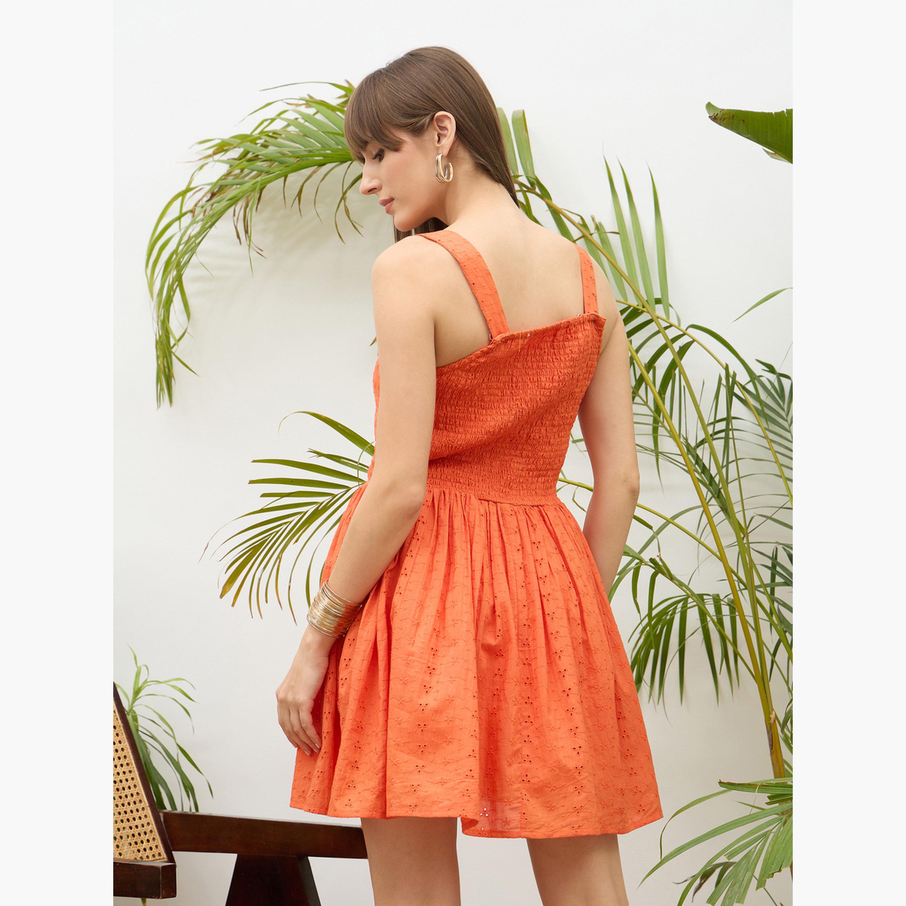 ساسافراس - فستان برتقالي قصير برقبة مربعة وحمالات للنساء-women-clothing-dresses-image-5