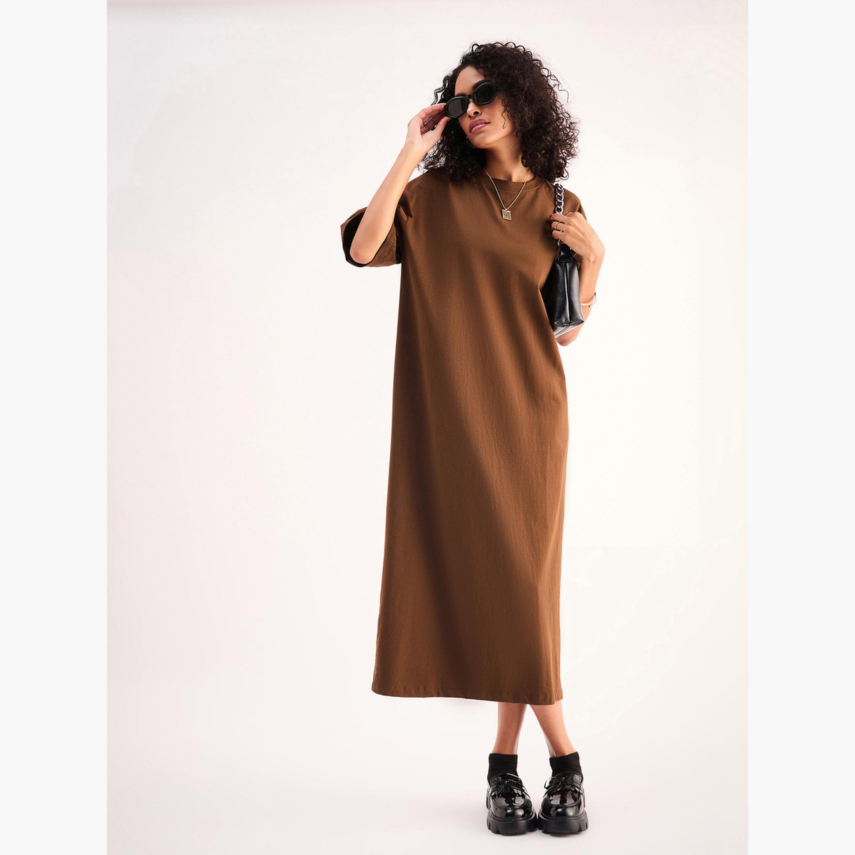 ساسافراس - فستان بني متوسط ​​الطول بقصة تي شيرت تصميم واسع للنساء-women-clothing-dresses-image-1
