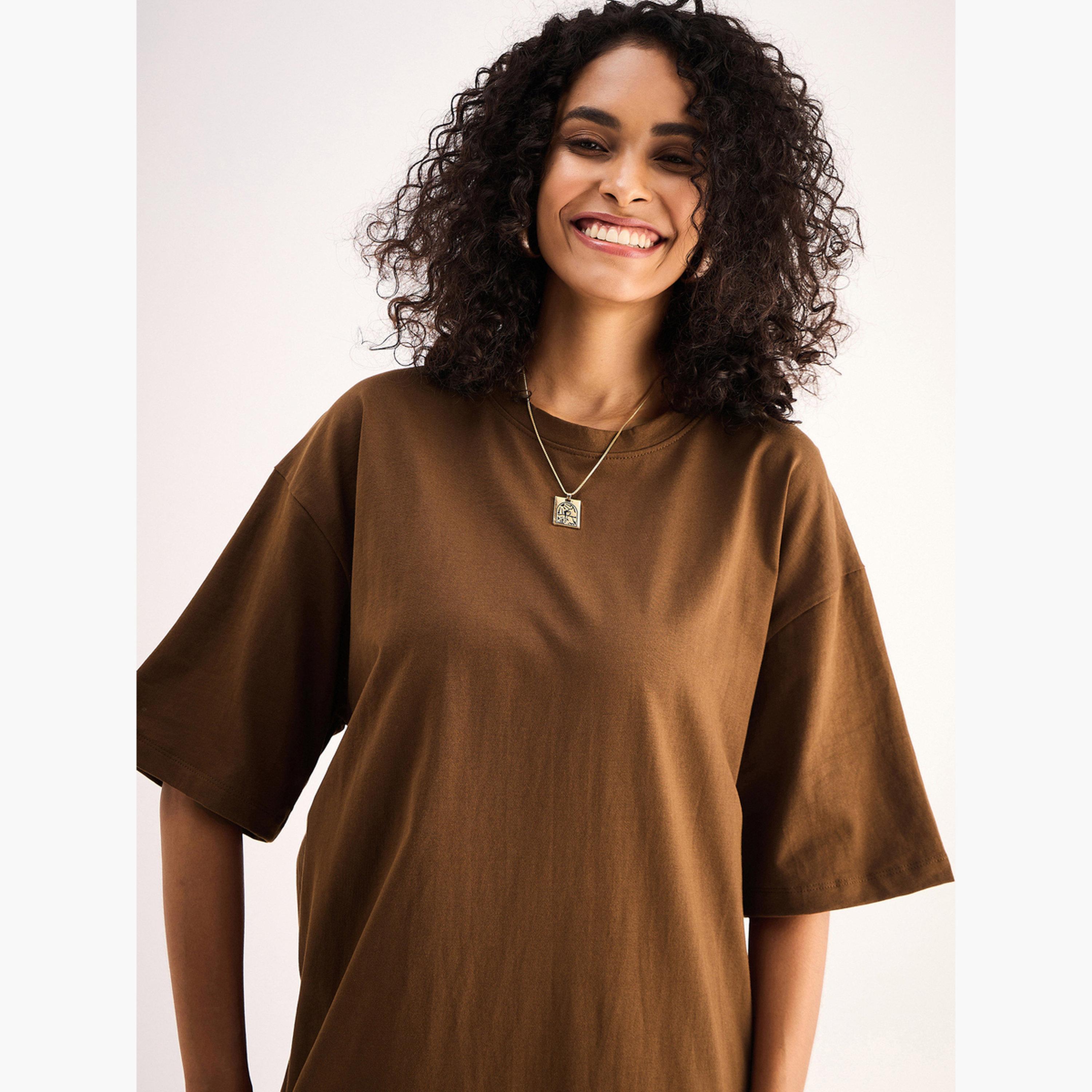 Sassafras Women Brown Oversized T-Shirt Midi Dress-women-clothing-dresses-image-4