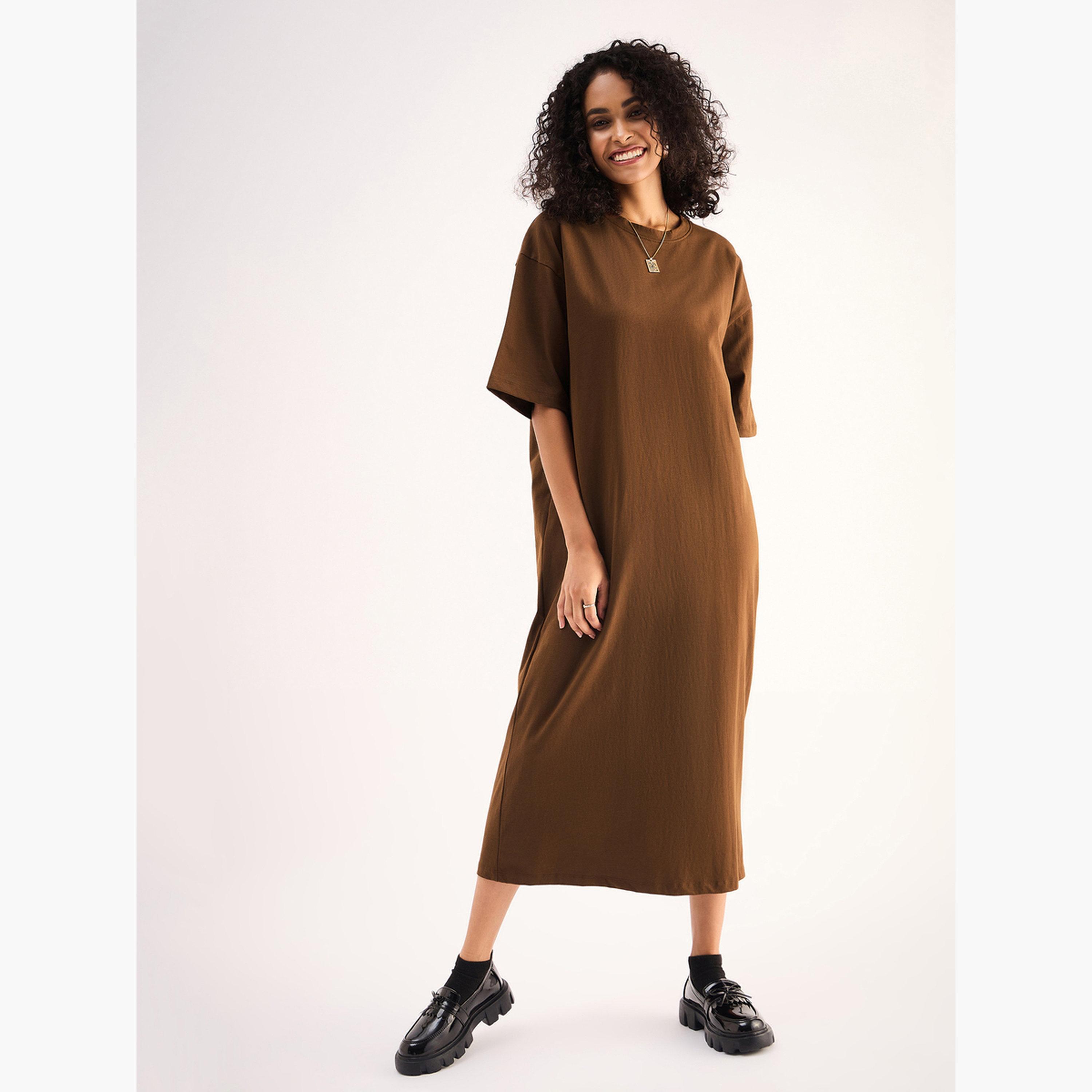 Sassafras Women Brown Oversized T-Shirt Midi Dress-women-clothing-dresses-image-6