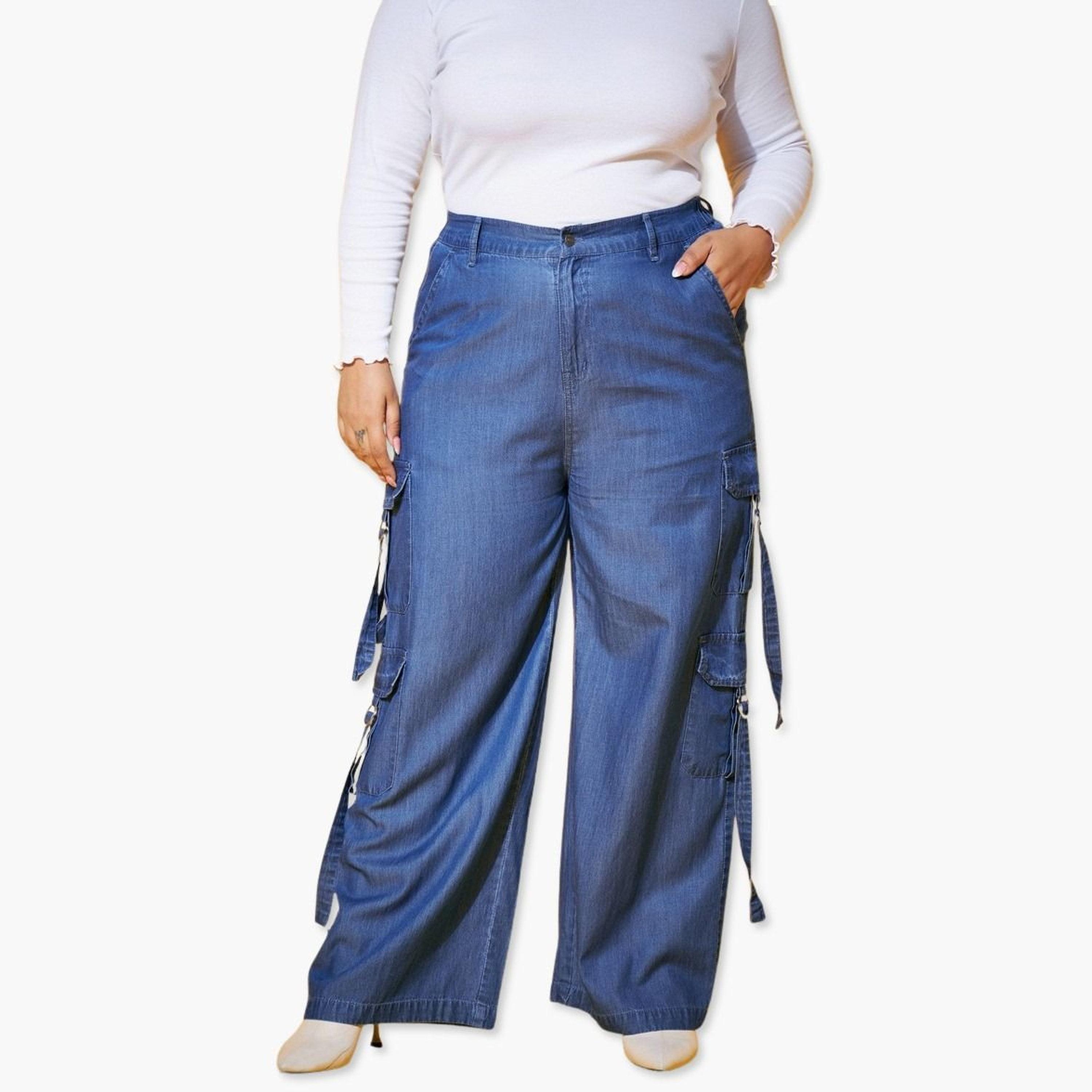 Sassafras Plus Size Blue Cargo Trousers-women-clothing-bottoms-trousers-image-1