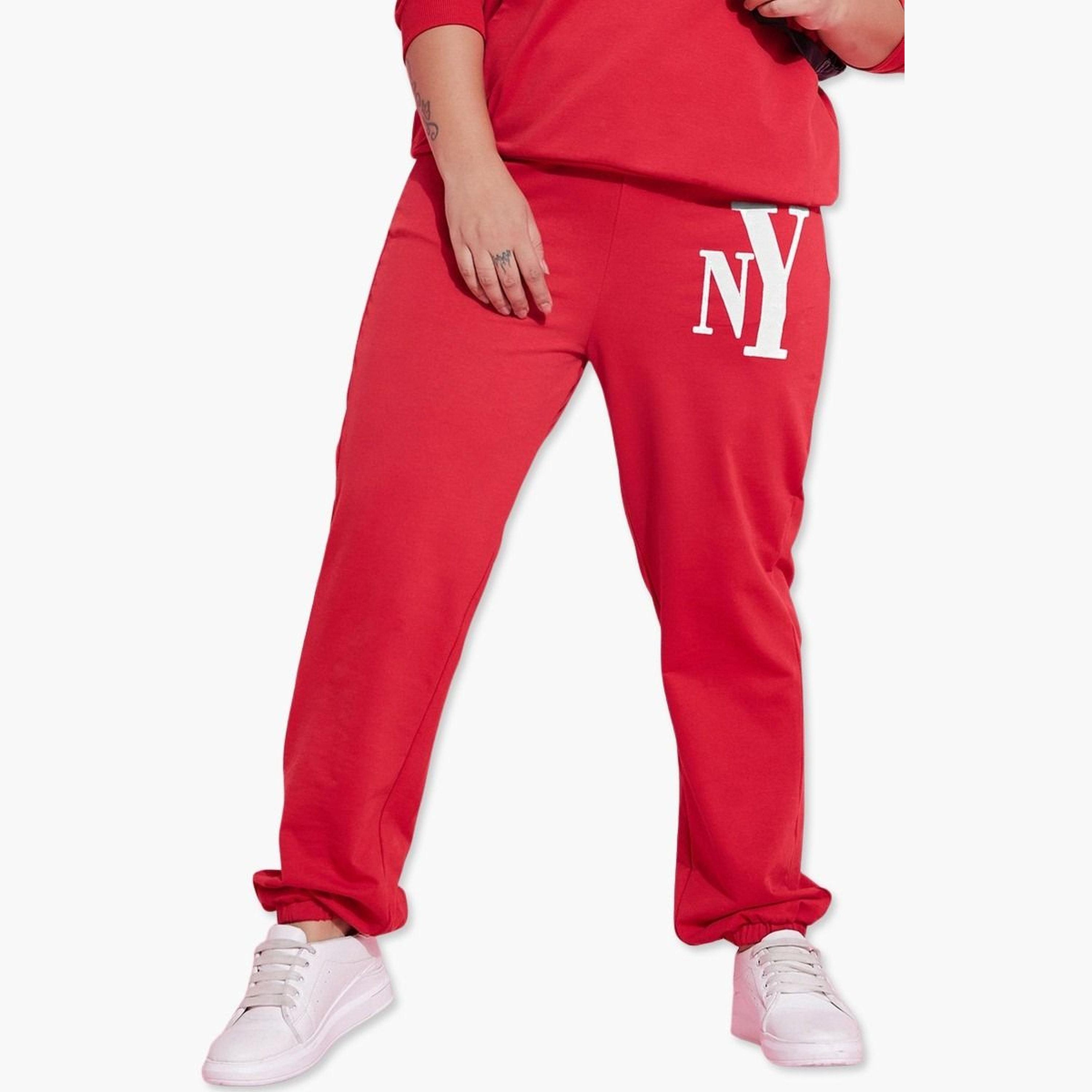 Sassafras Plus Size Red NY Print Jogger with Drawstring-women-clothing-bottoms-joggers-image-1