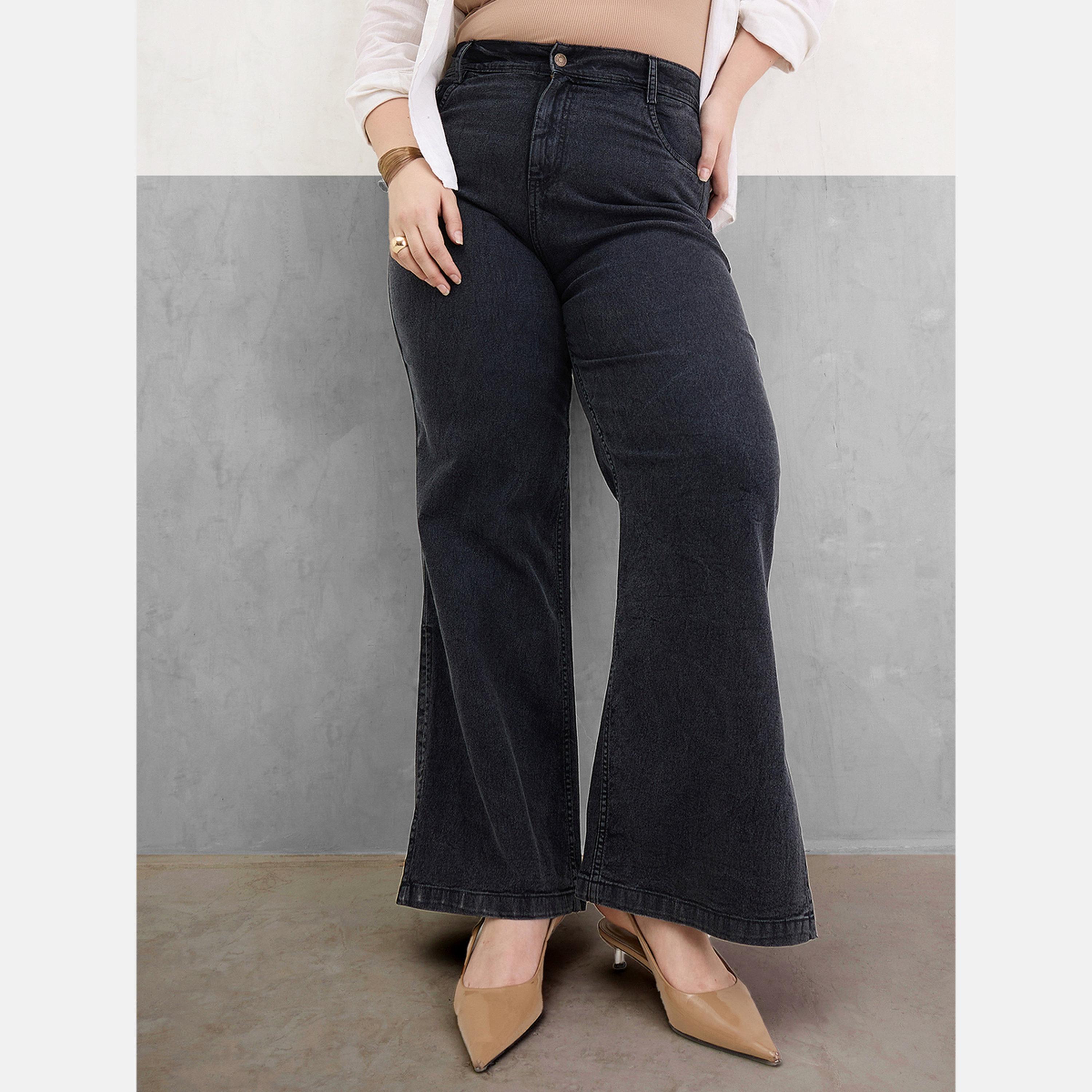 ساسافراس - بنطال جينز أسود بساق مستقيمة للنساء مقاس واسع-women-clothing-bottoms-jeans-image-1