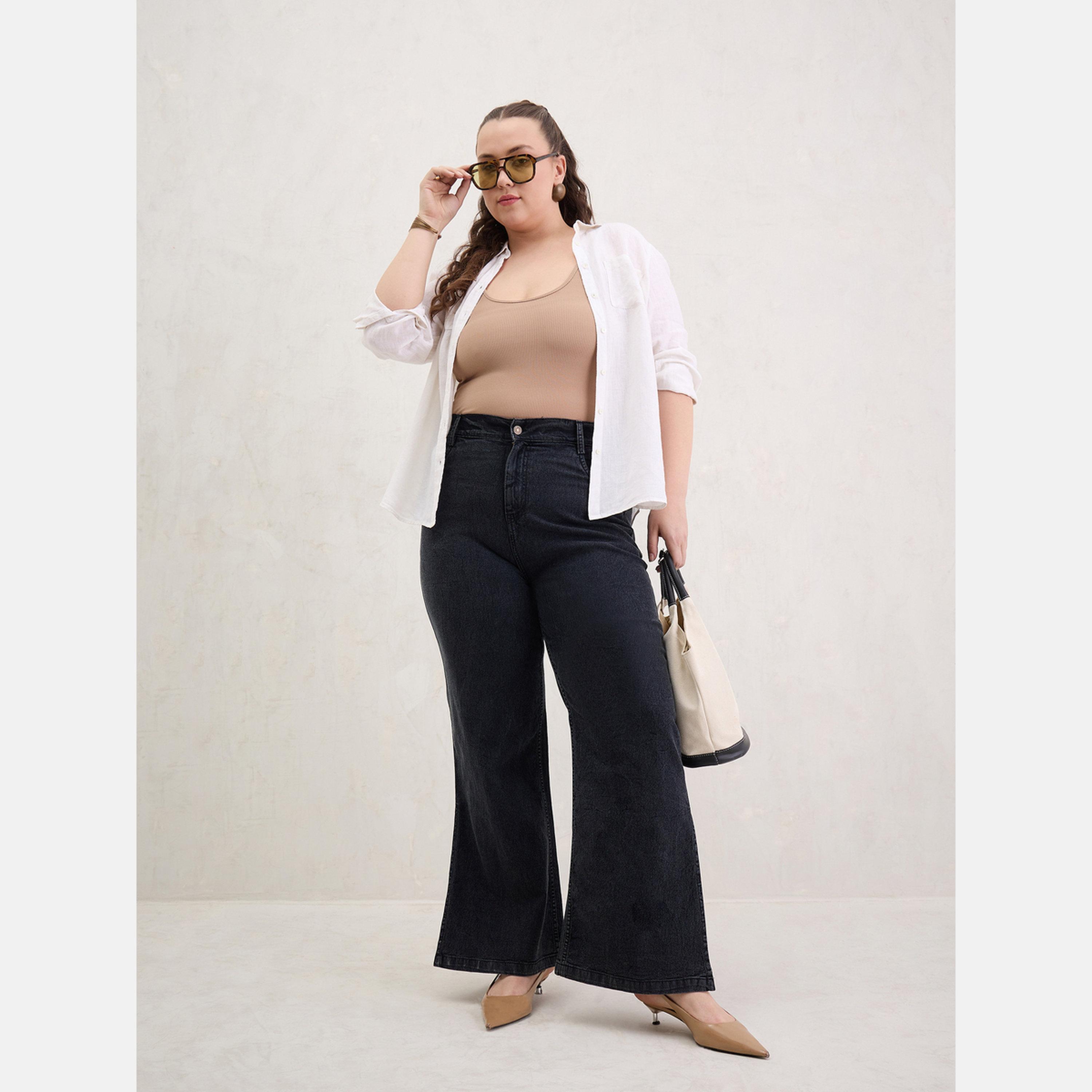 ساسافراس - بنطال جينز أسود بساق مستقيمة للنساء مقاس واسع-women-clothing-bottoms-jeans-image-2