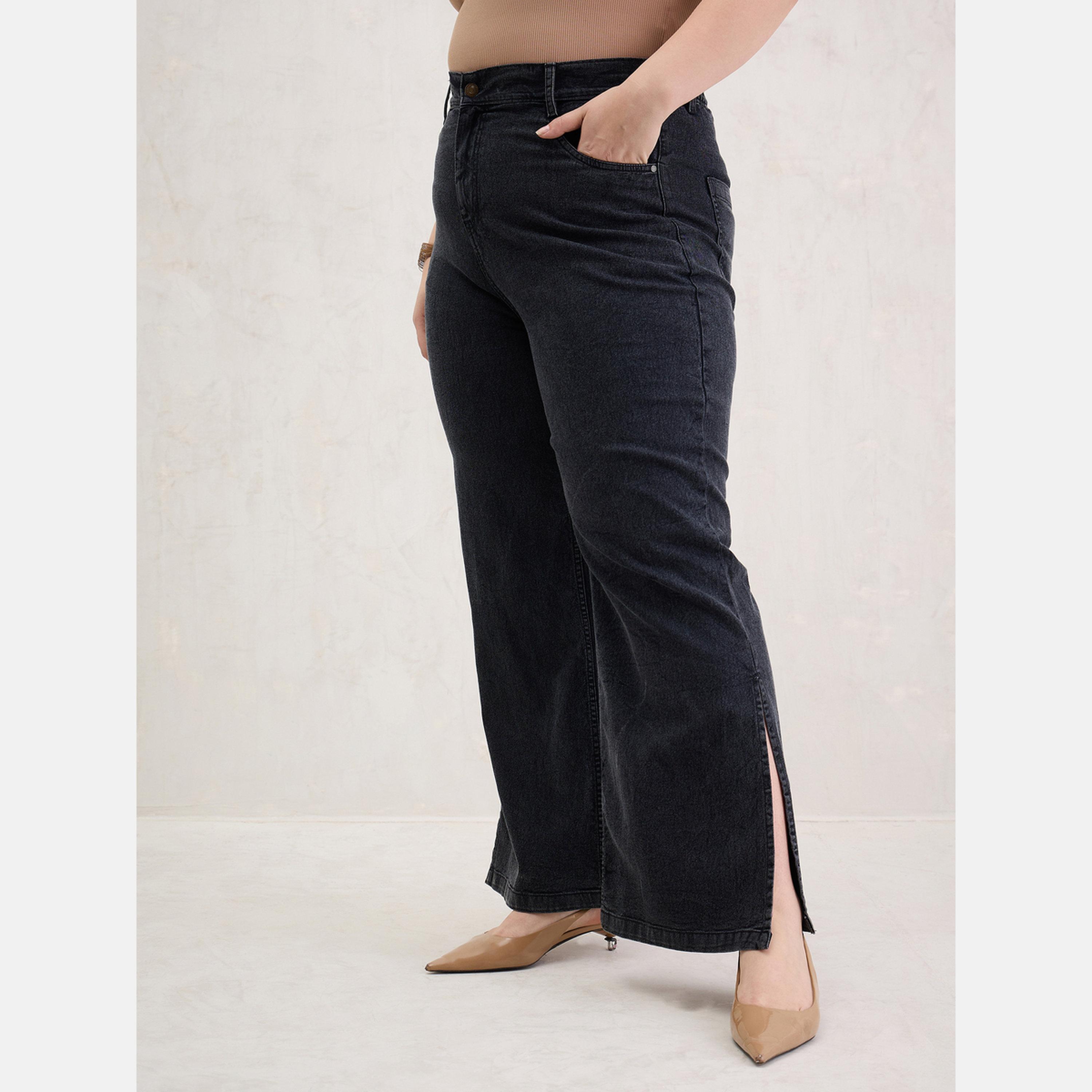 ساسافراس - بنطال جينز أسود بساق مستقيمة للنساء مقاس واسع-women-clothing-bottoms-jeans-image-3