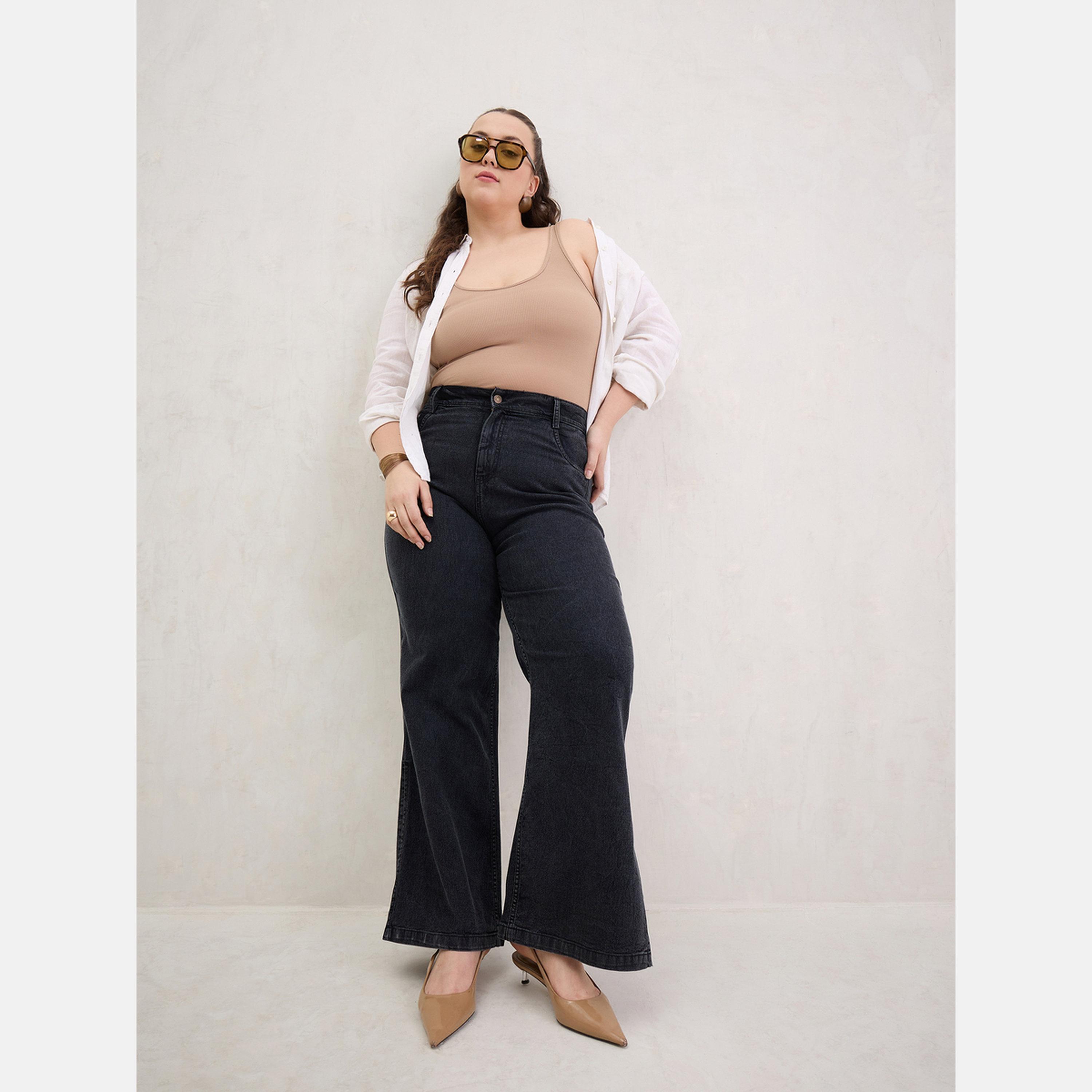 ساسافراس - بنطال جينز أسود بساق مستقيمة للنساء مقاس واسع-women-clothing-bottoms-jeans-image-5