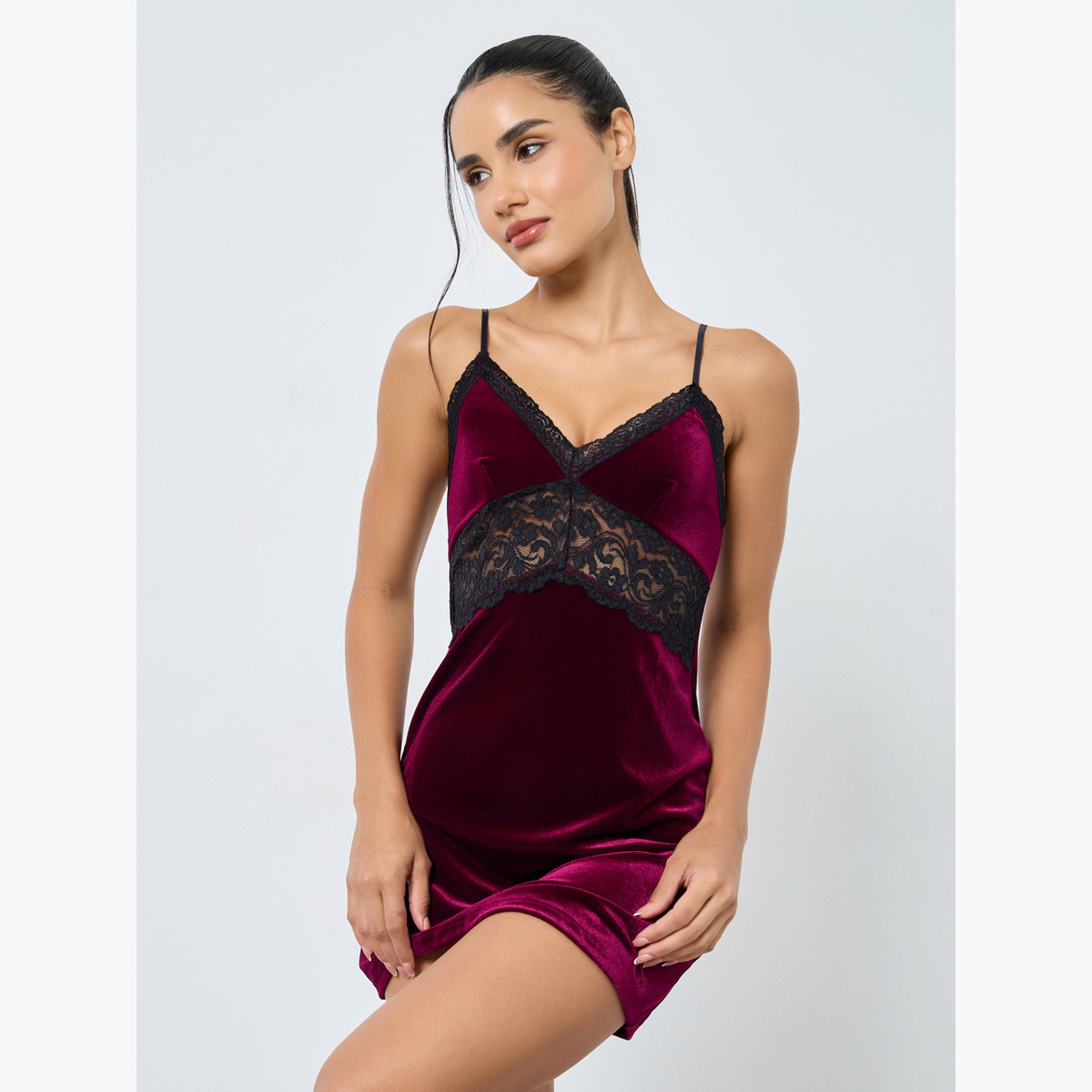 Styli Velvet Slip Dress with Lace Insert-women-clothing-lingerie-babydollsandbodysuits-image-2