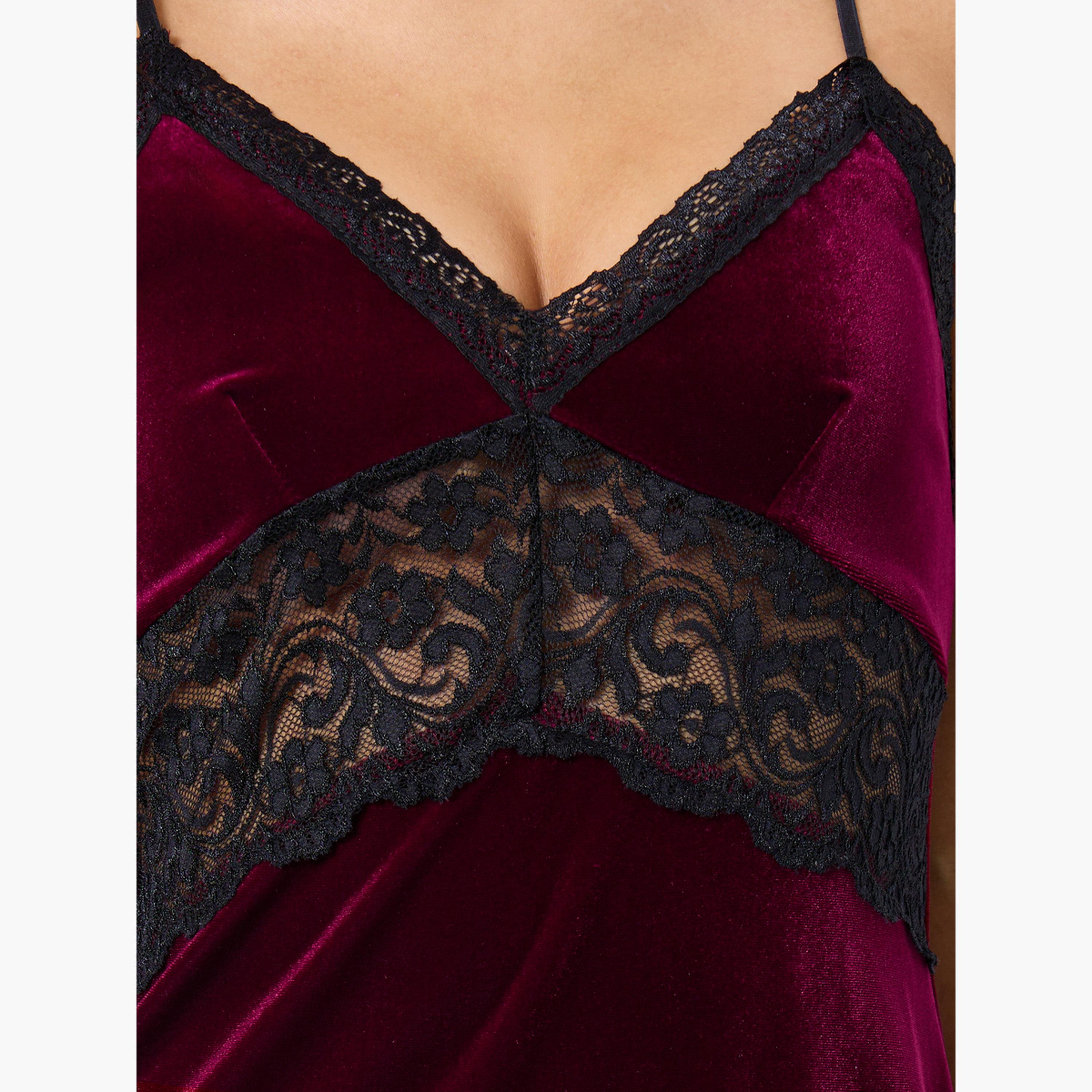 Styli Velvet Slip Dress with Lace Insert-women-clothing-lingerie-babydollsandbodysuits-image-4