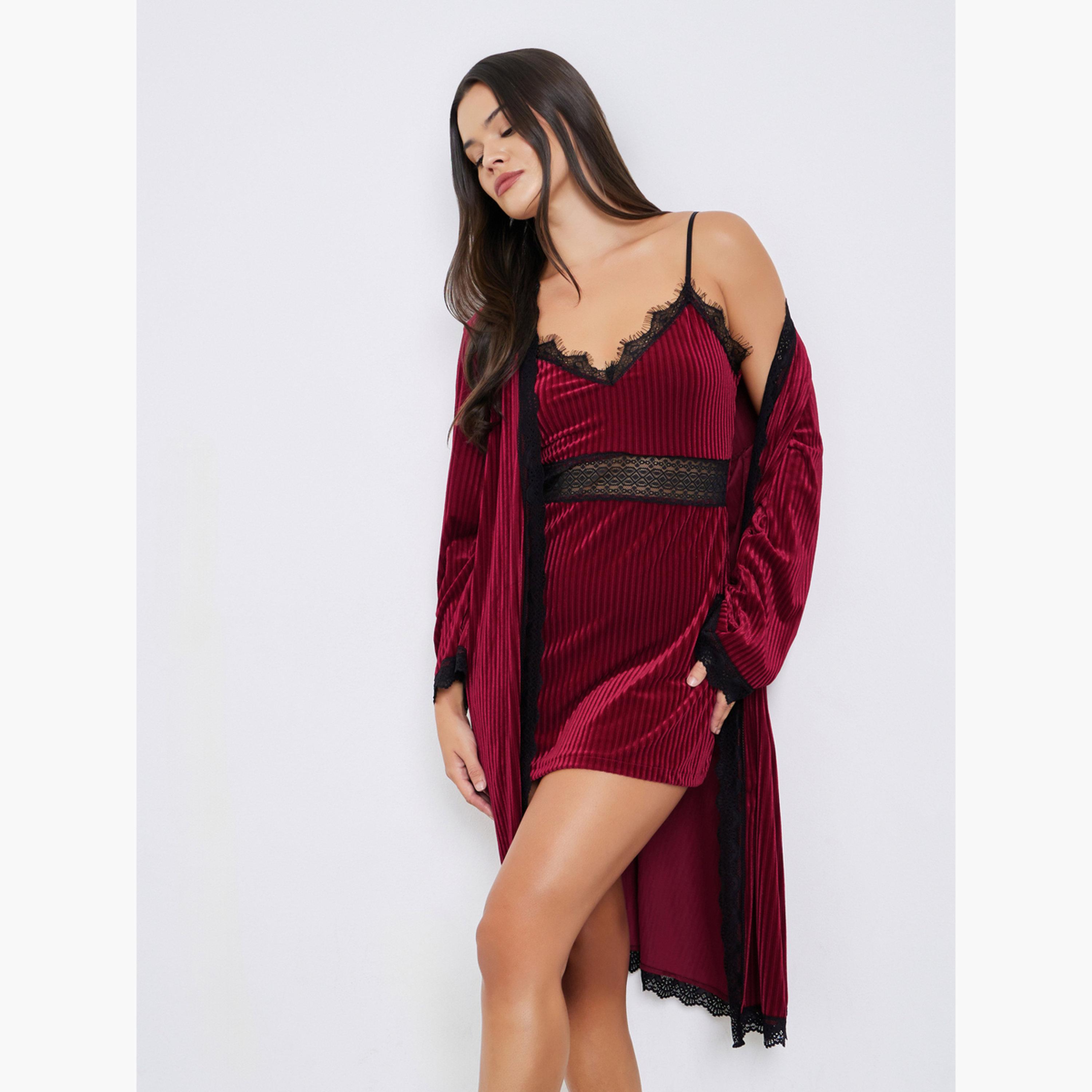 ستايلي - فستان من المخمل مع حافة من الدانتيل المتباين مع روب-women-clothing-nightwear-robes-image-1