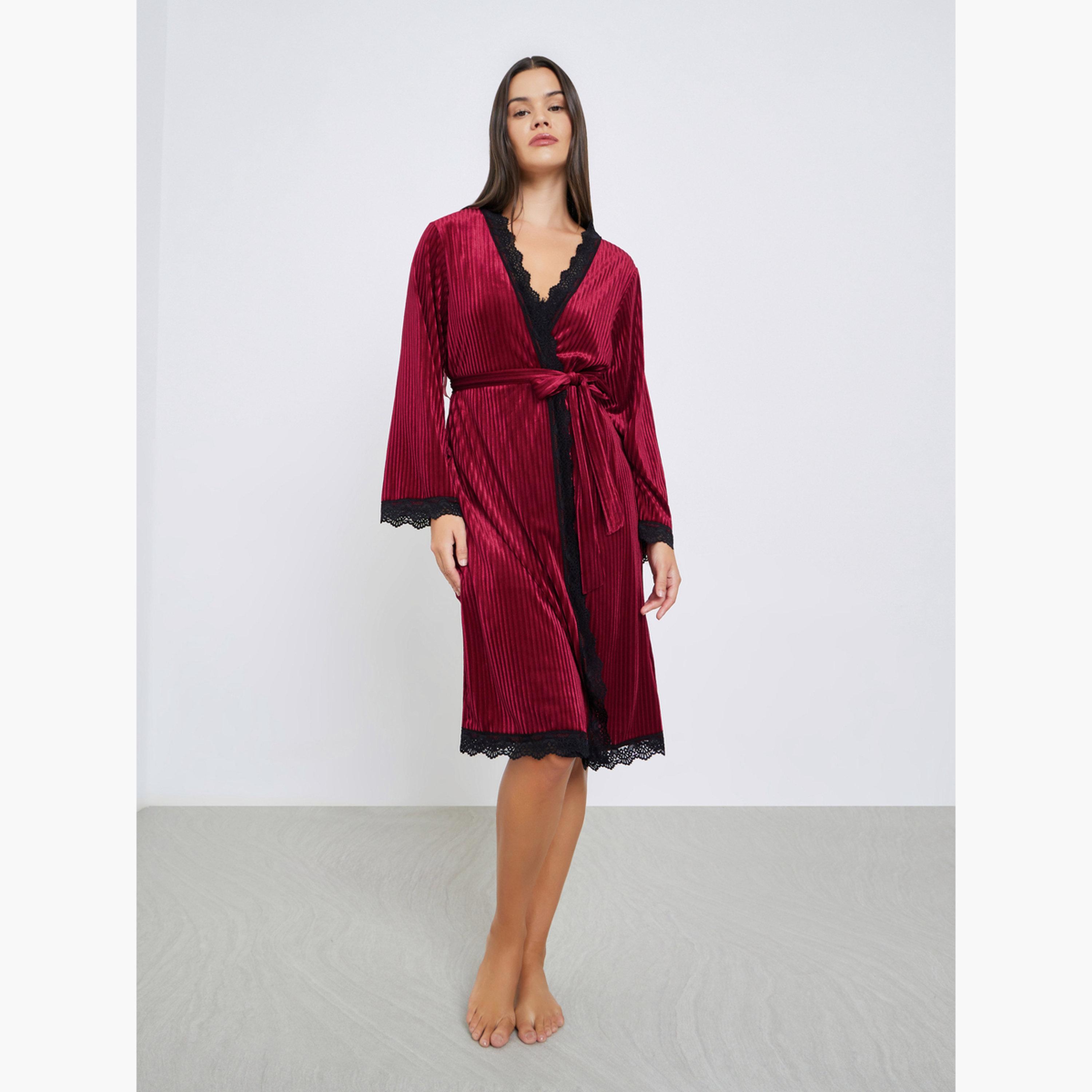 Styli Ribbed Velvet Contrast Lace Trim Slip Dress with Robe-women-clothing-nightwear-robes-image-2