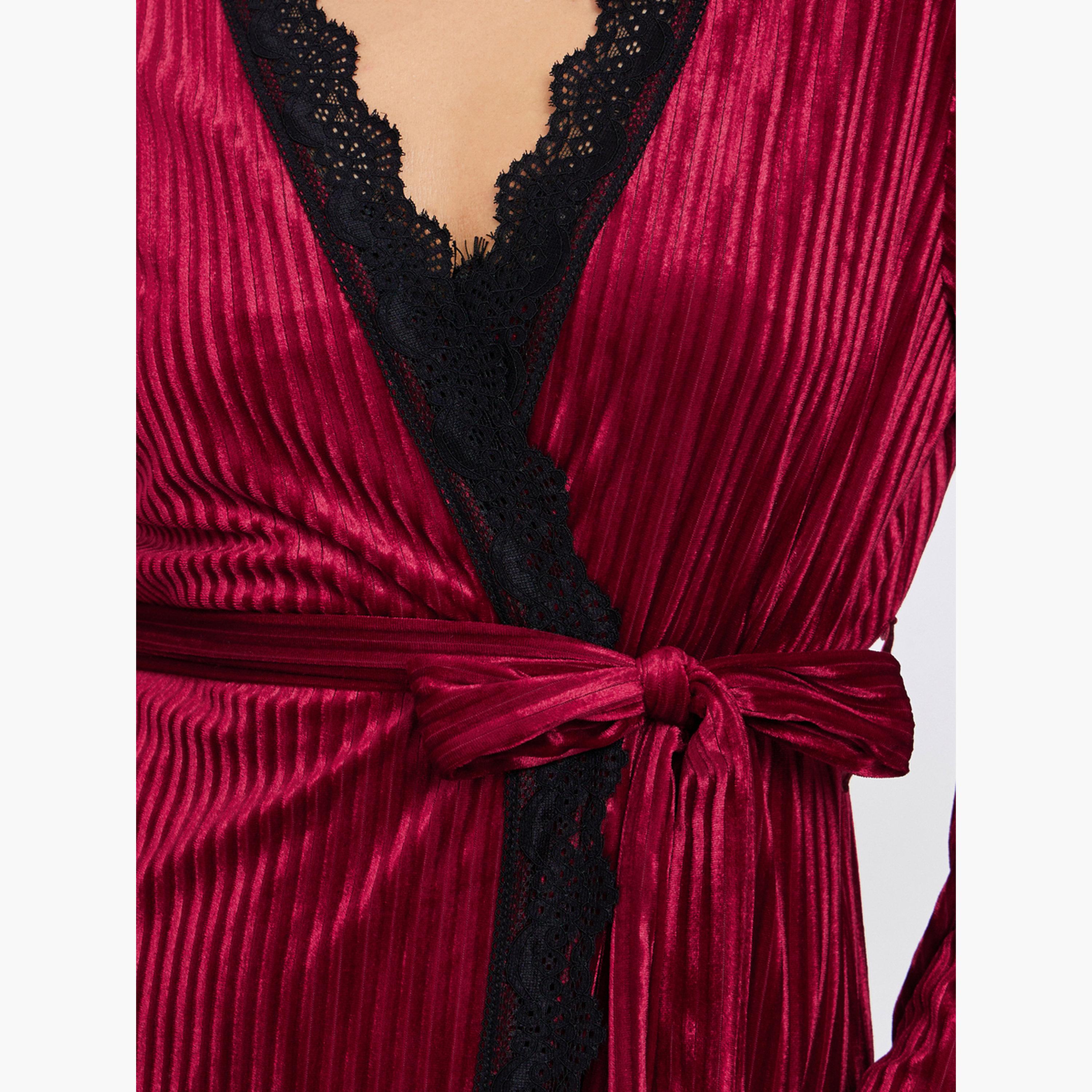 Styli Ribbed Velvet Contrast Lace Trim Slip Dress with Robe-women-clothing-nightwear-robes-image-5