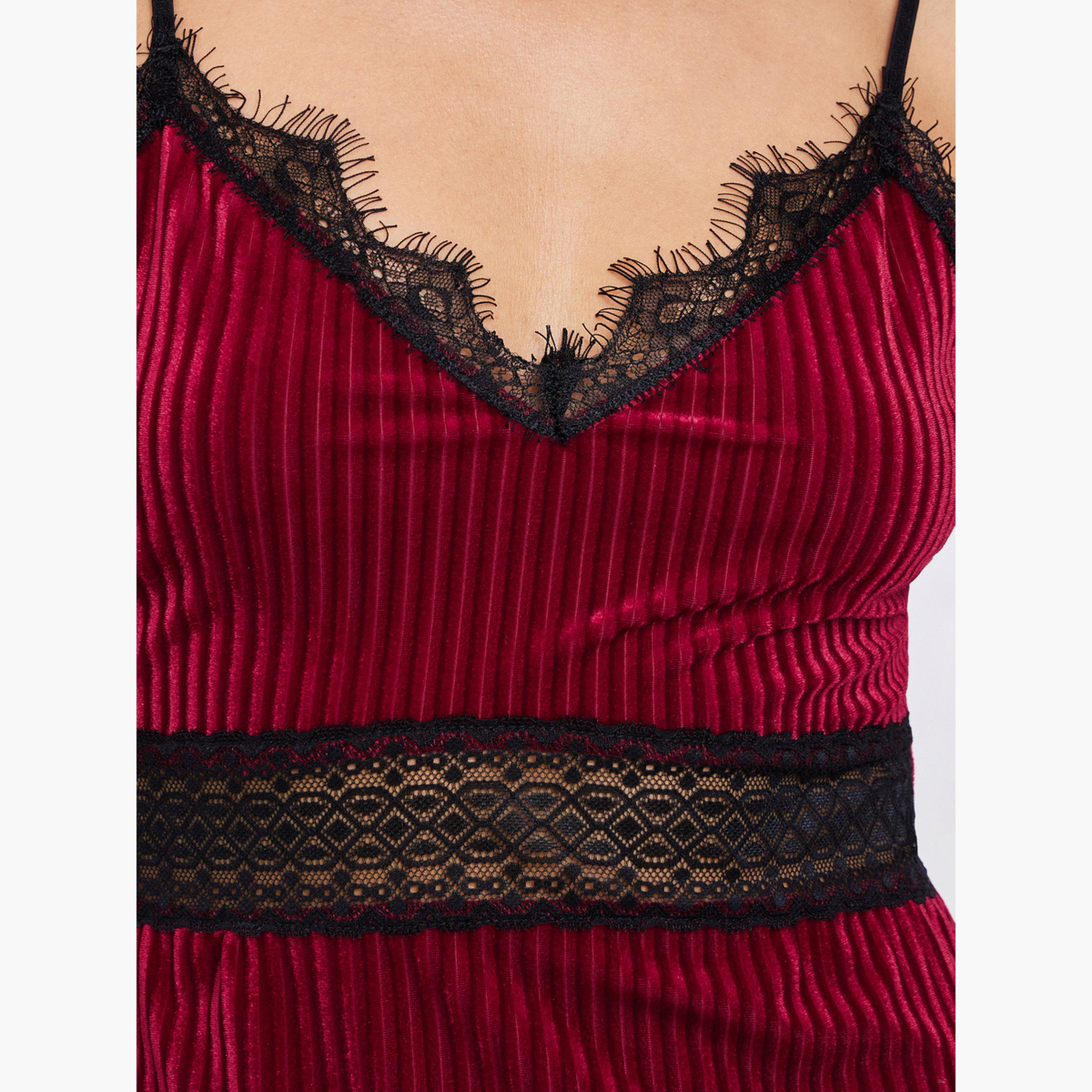 Styli Ribbed Velvet Contrast Lace Trim Slip Dress with Robe-women-clothing-nightwear-robes-image-6