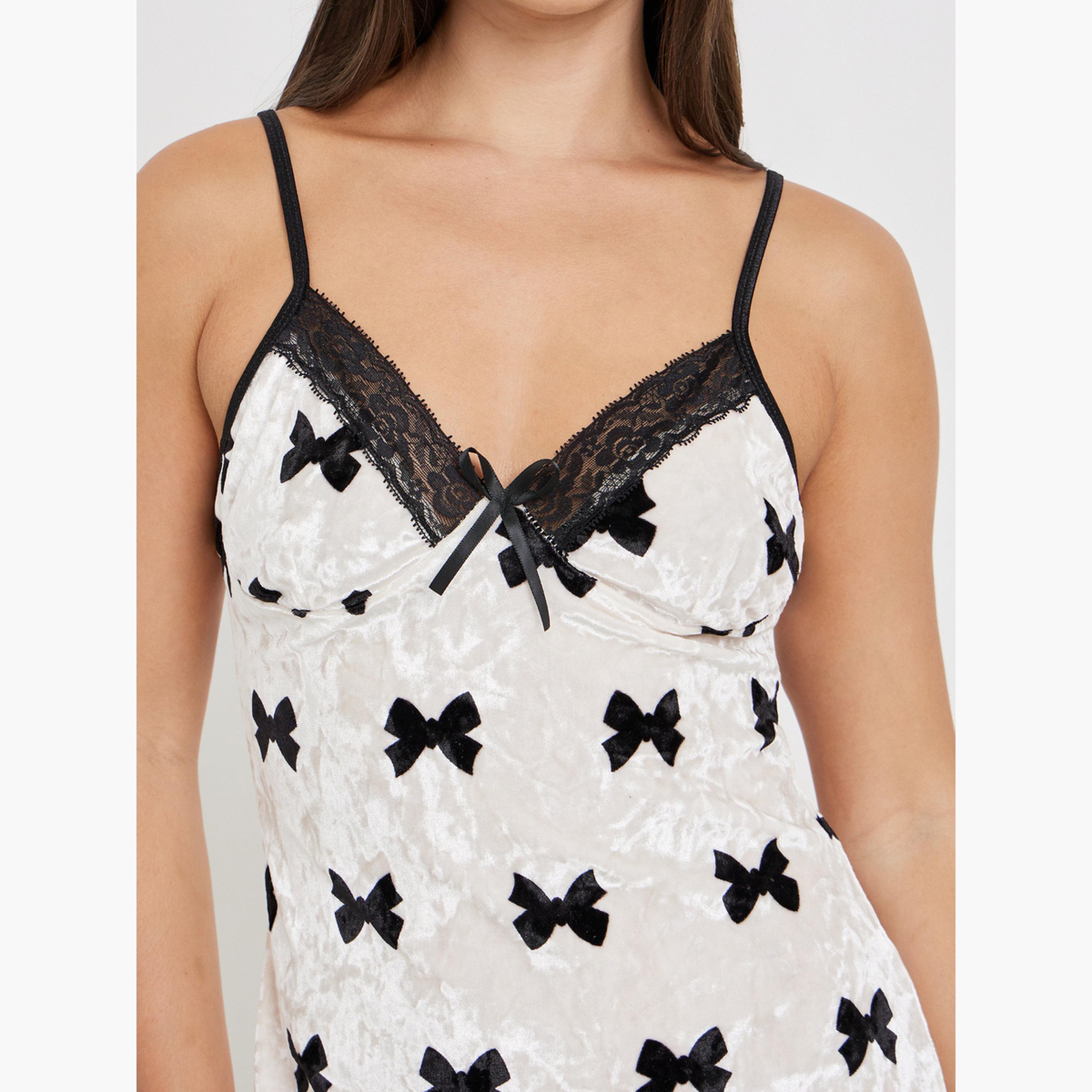 Styli Bow Print Velvet Slip with Lace Detail-women-clothing-lingerie-babydollsandbodysuits-image-4