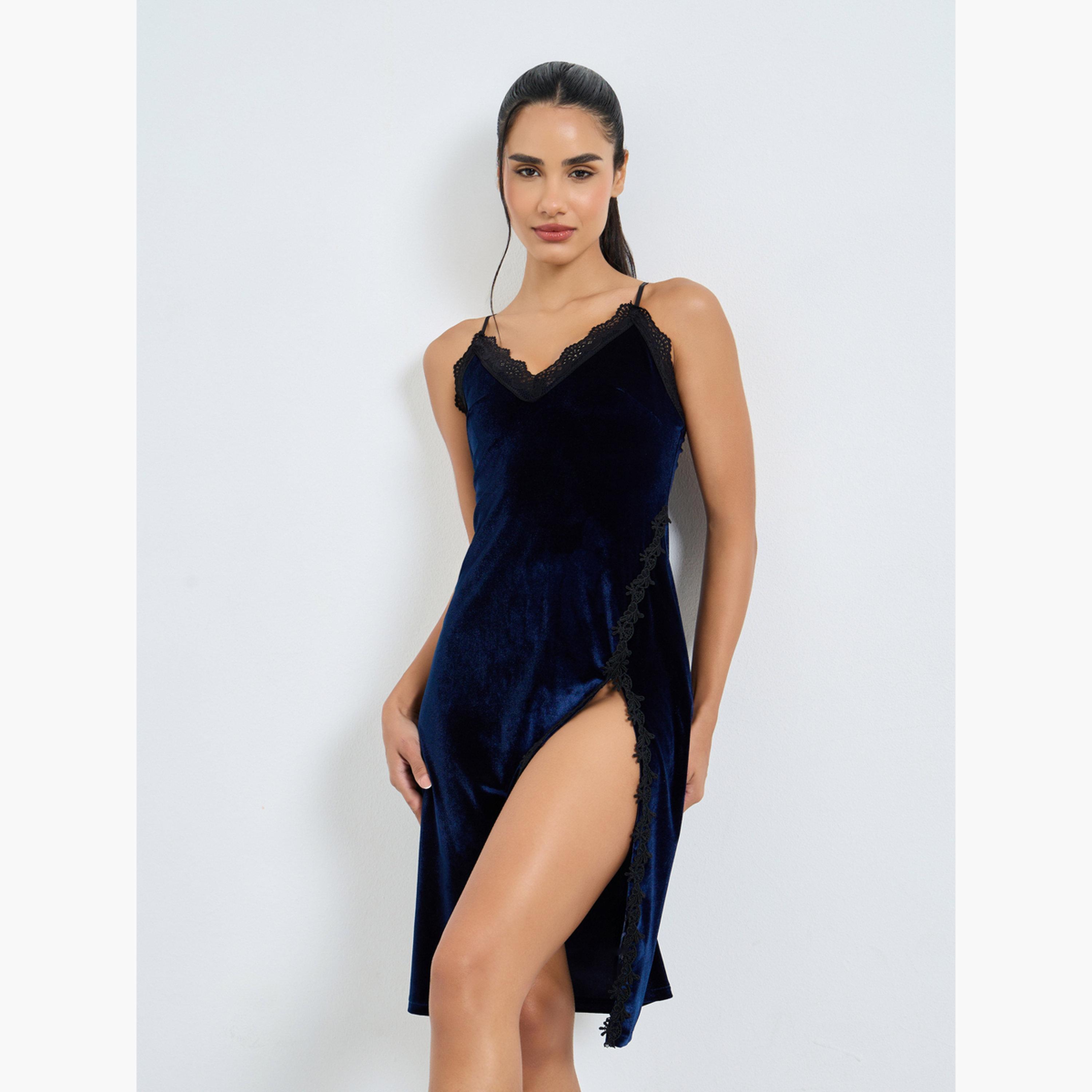 Styli Women Velvet Contrast Lace Trim Thigh Slit Slip Dress-women-clothing-nightwear-nighties-image-1