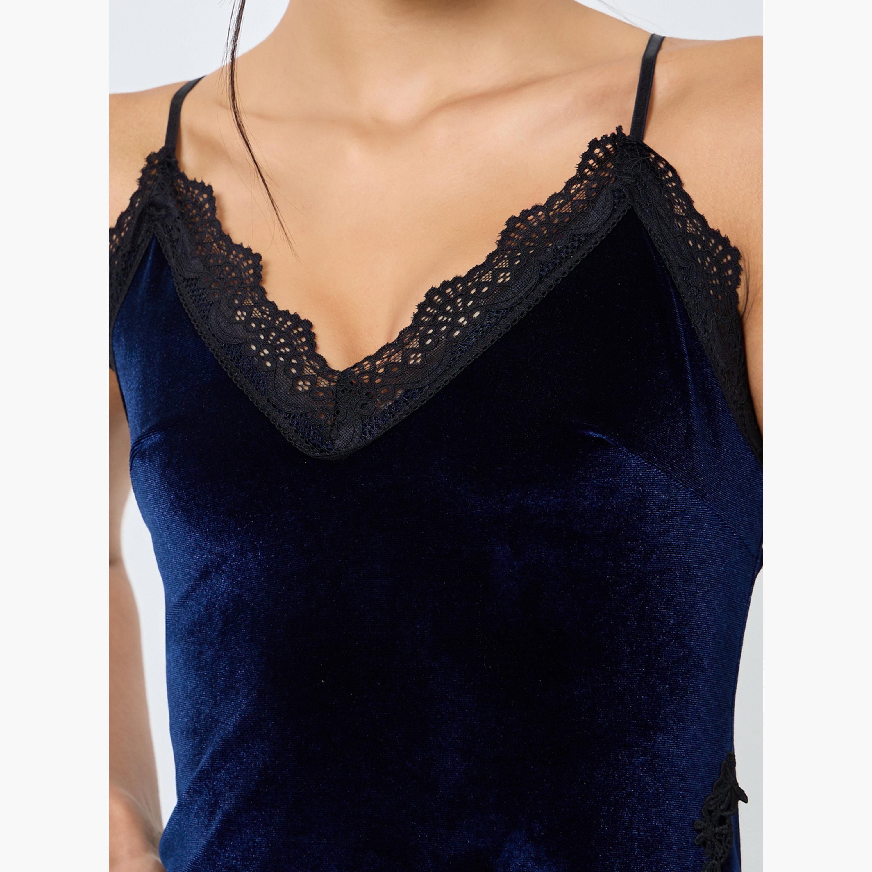 Styli Women Velvet Contrast Lace Trim Thigh Slit Slip Dress-women-clothing-nightwear-nighties-image-4