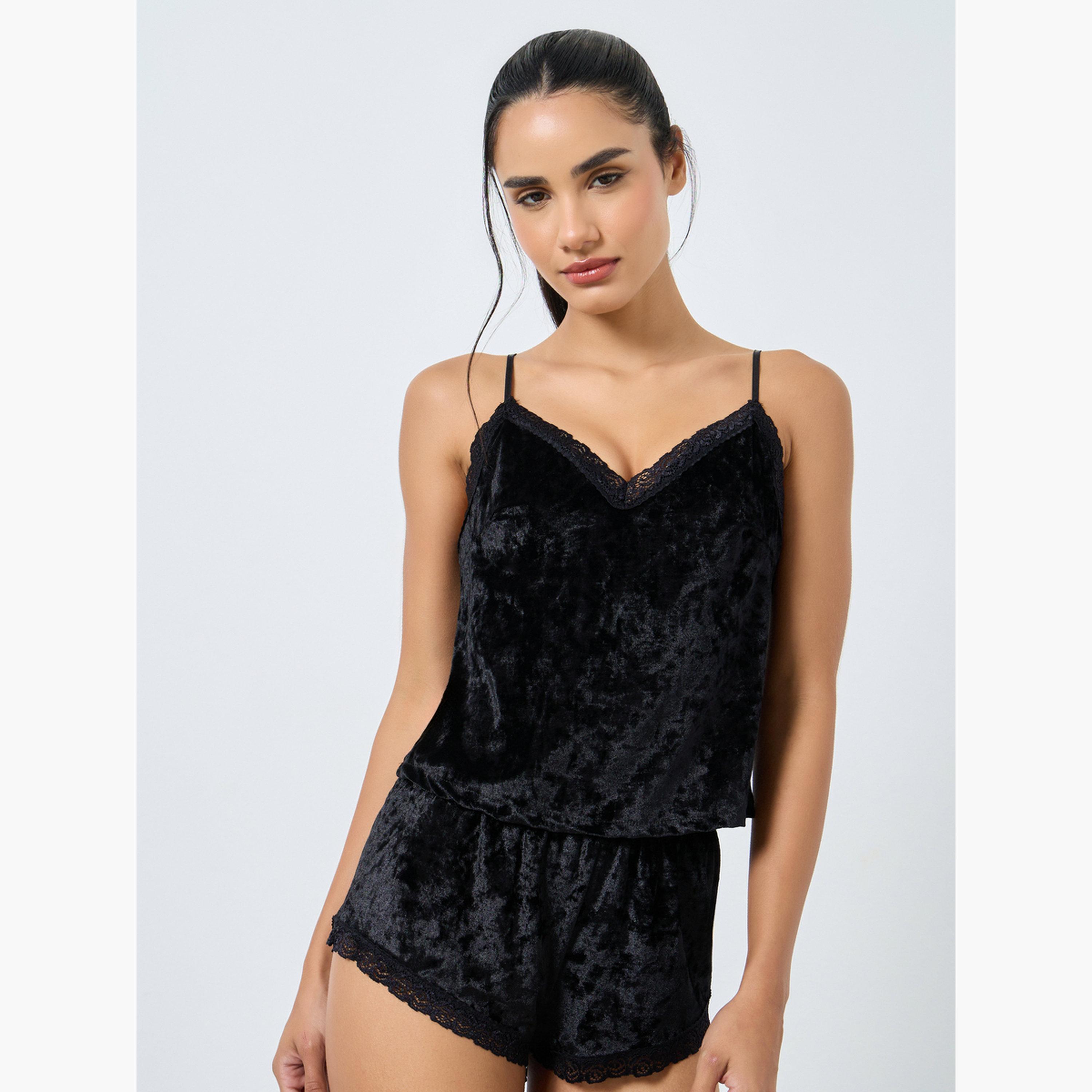 Styli Women Velvet V Neck Lace Cami and Shorts Set-women-clothing-nightwear-pyjamas-shortsets-image-1