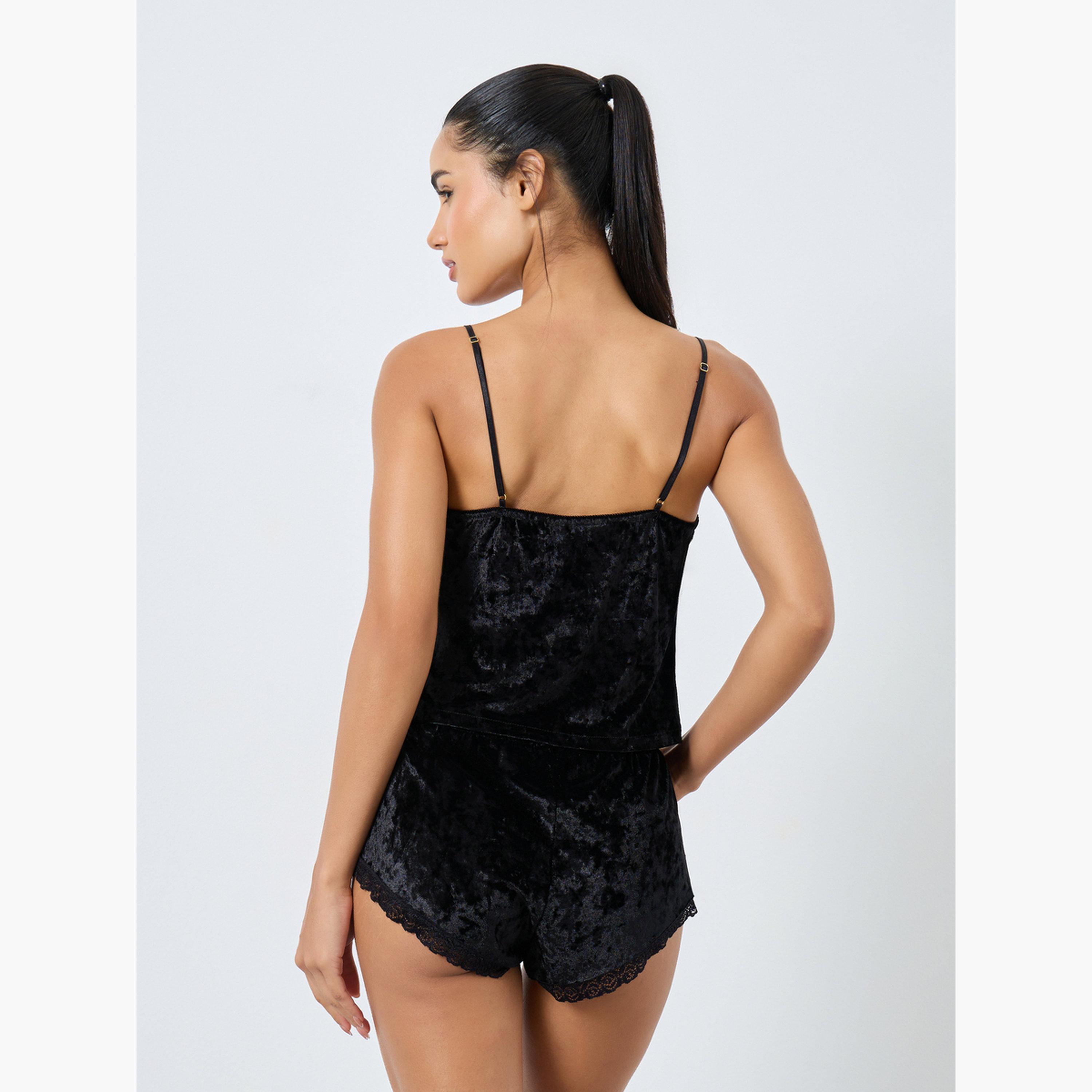 Styli Women Velvet V Neck Lace Cami and Shorts Set-women-clothing-nightwear-pyjamas-shortsets-image-3