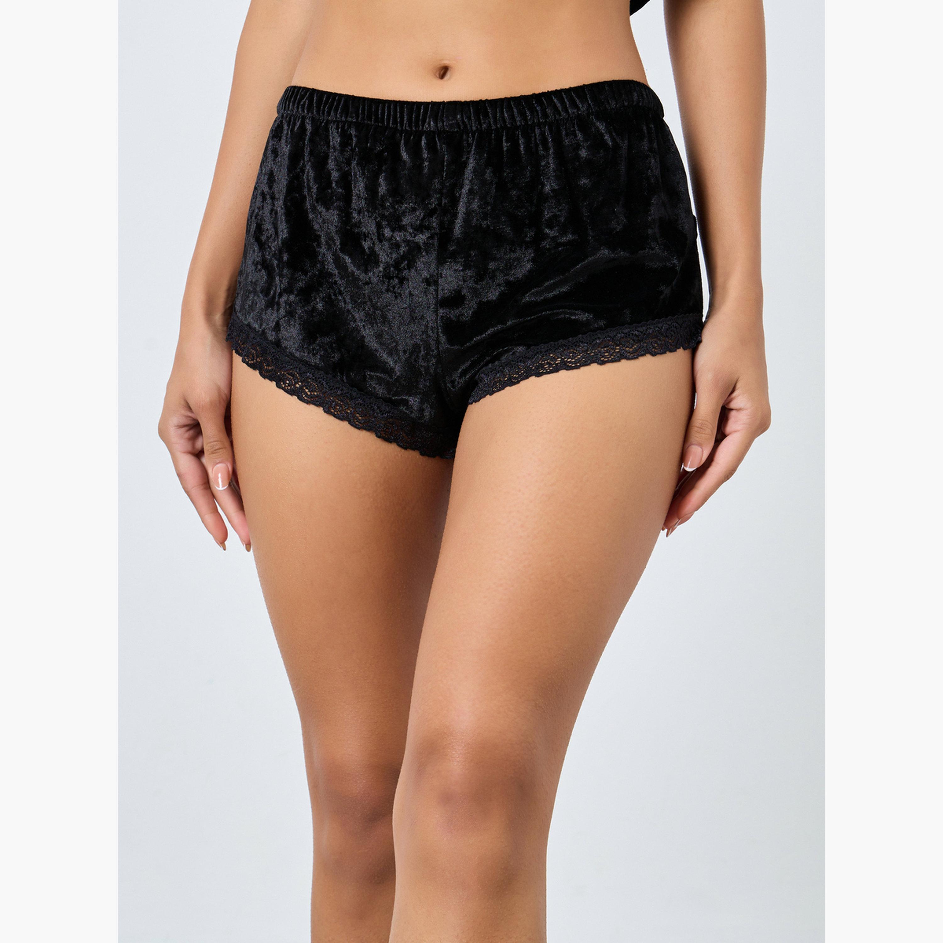 Styli Women Velvet V Neck Lace Cami and Shorts Set-women-clothing-nightwear-pyjamas-shortsets-image-4