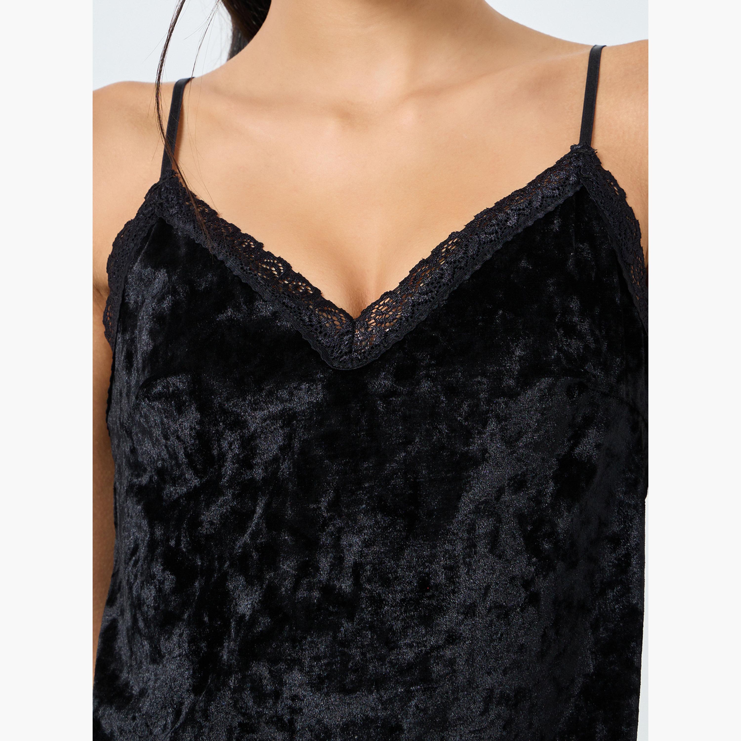 Styli Women Velvet V Neck Lace Cami and Shorts Set-women-clothing-nightwear-pyjamas-shortsets-image-5