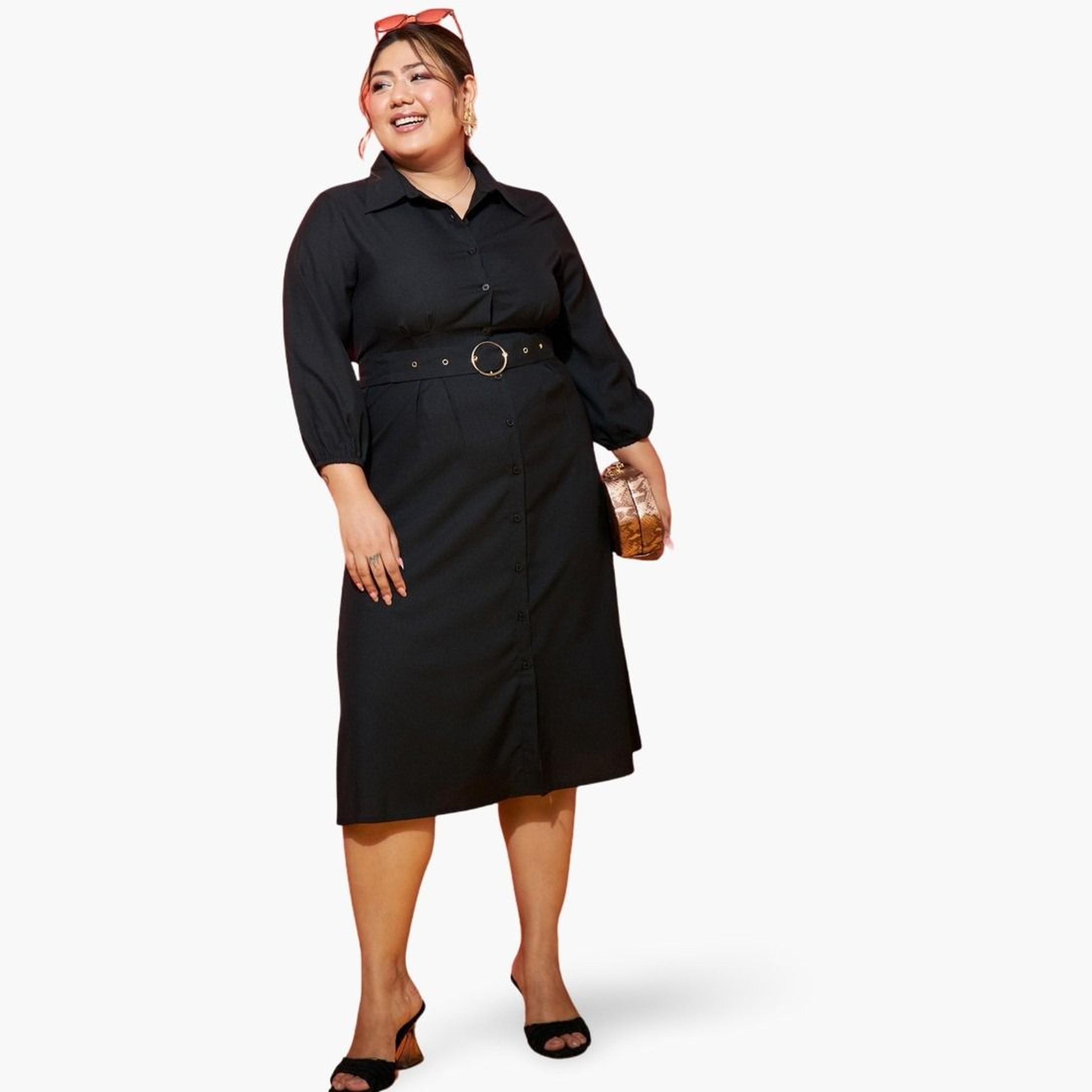 Sassafras Plus Size Black Shirt Belted Midi Dress-women-clothing-dresses-image-1