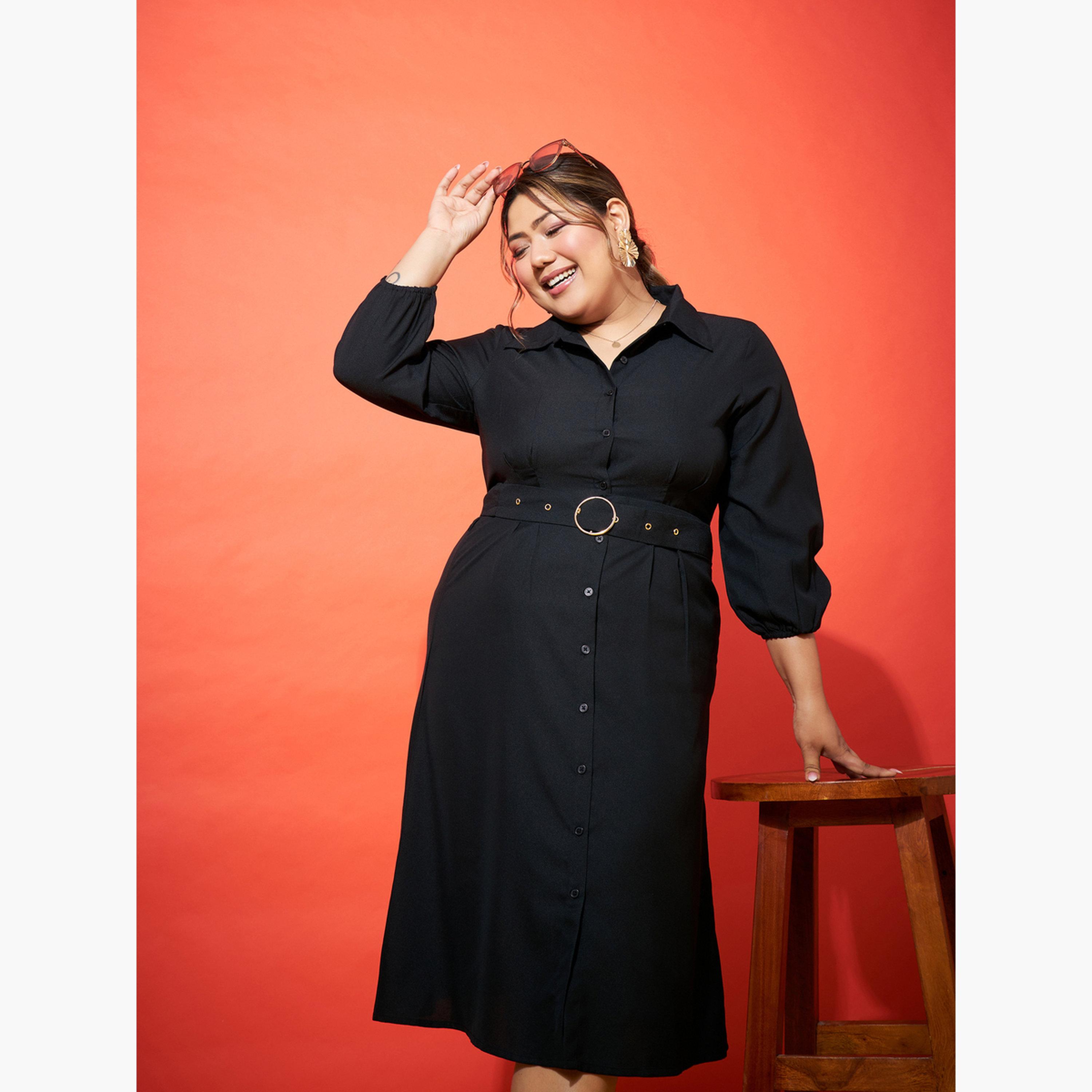 ساسافراس - فستان متوسط الطول بحزام وقميص أسود مقاس واسع-women-clothing-dresses-image-2