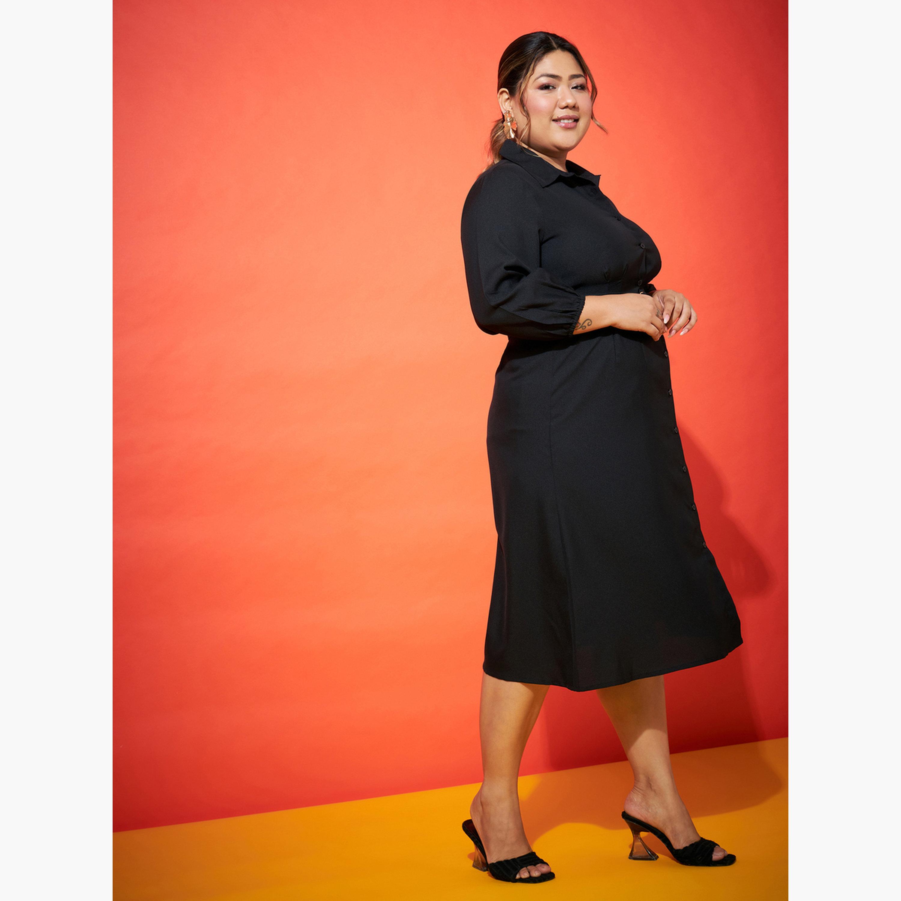 Sassafras Plus Size Black Shirt Belted Midi Dress-women-clothing-dresses-image-3