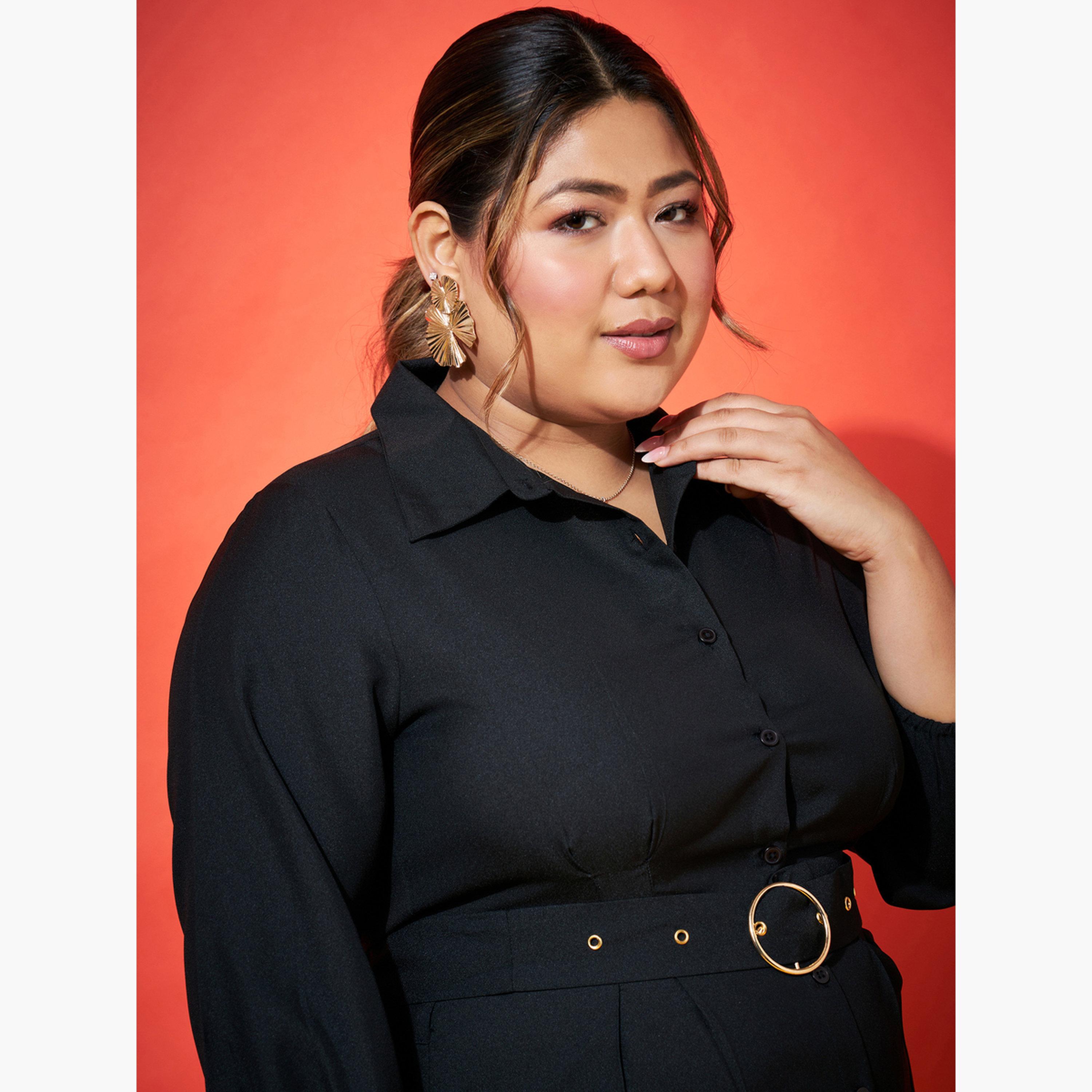 ساسافراس - فستان متوسط الطول بحزام وقميص أسود مقاس واسع-women-clothing-dresses-image-4