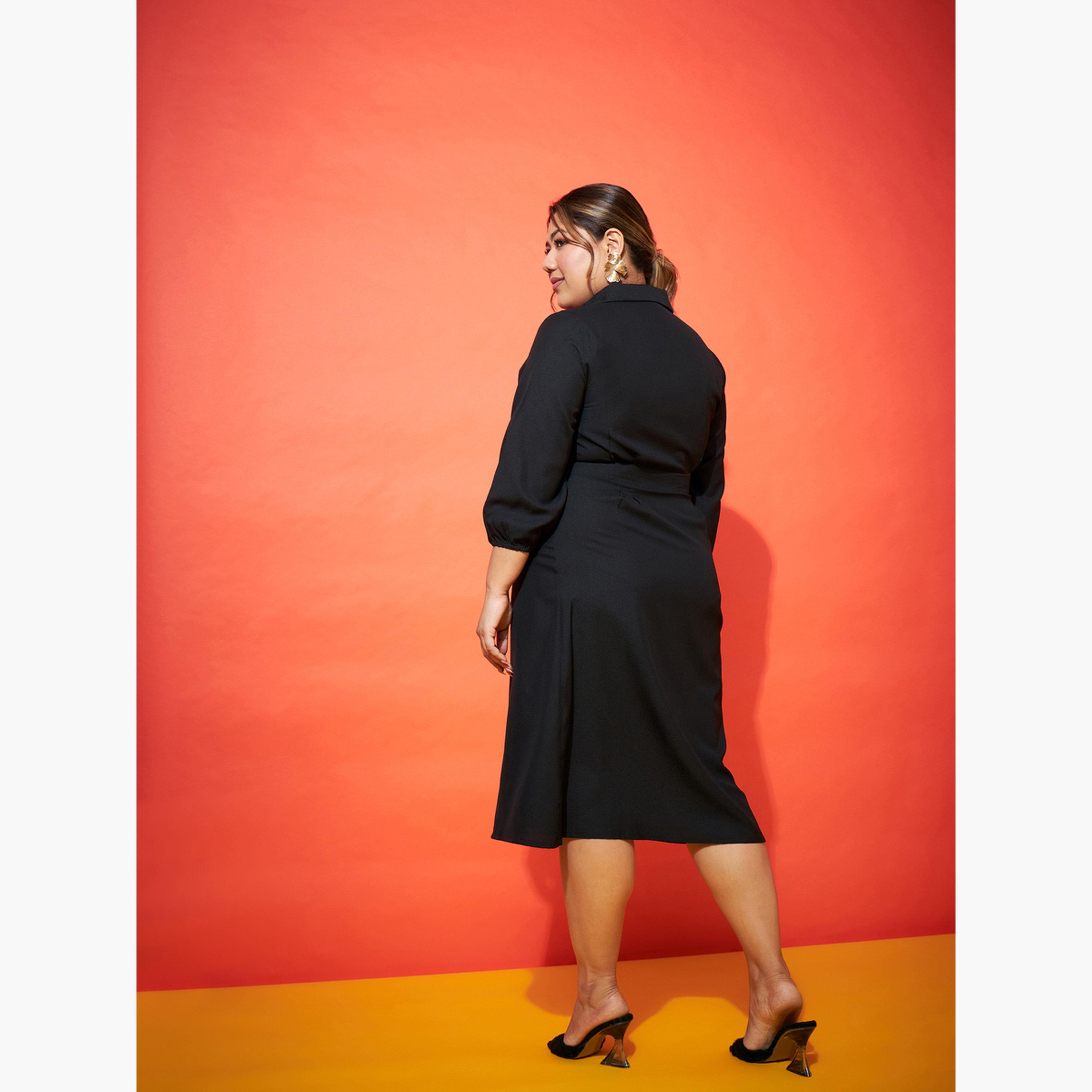 ساسافراس - فستان متوسط الطول بحزام وقميص أسود مقاس واسع-women-clothing-dresses-image-5