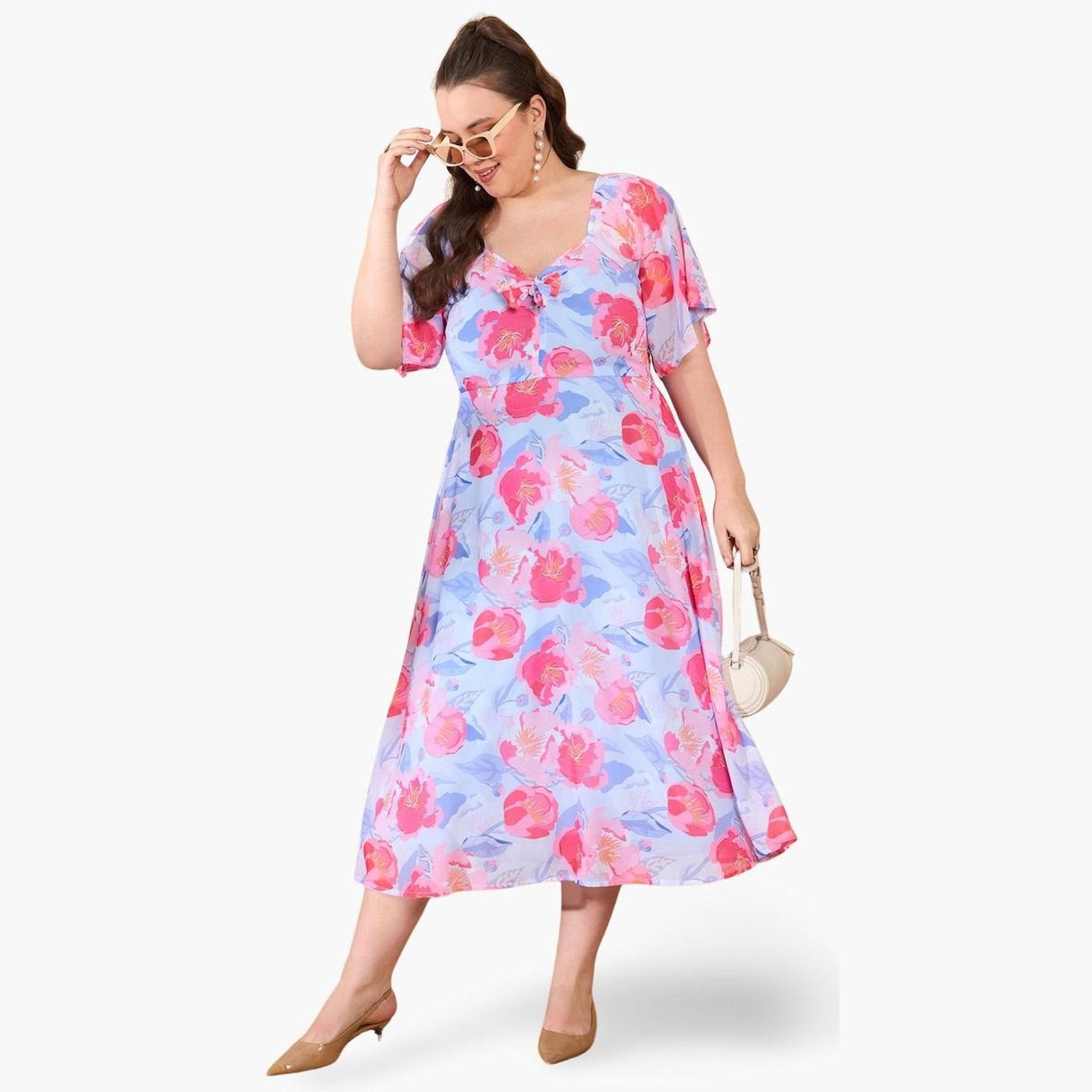 Sassafras Plus Size Blue Floral Front Tie-Up Midi Dress-women-clothing-dresses-image-1