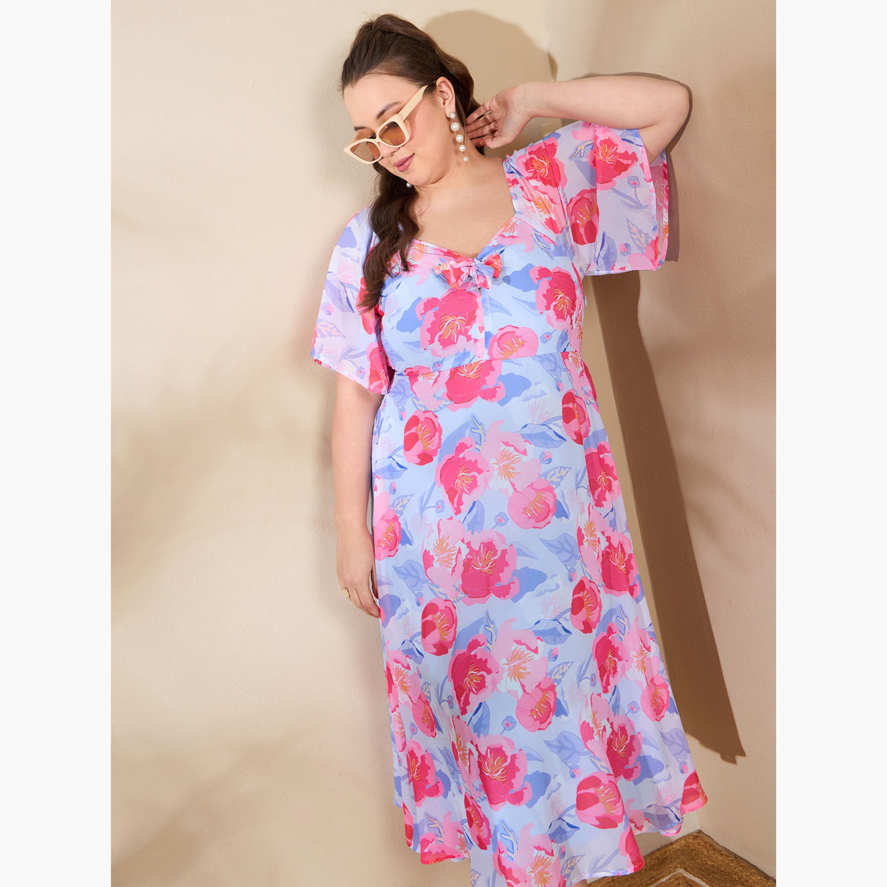 ساسافراس - فستان متوسط الطول أزرق بمقاس واسع مع رباط أمامي ونقشة زهور-women-clothing-dresses-image-3