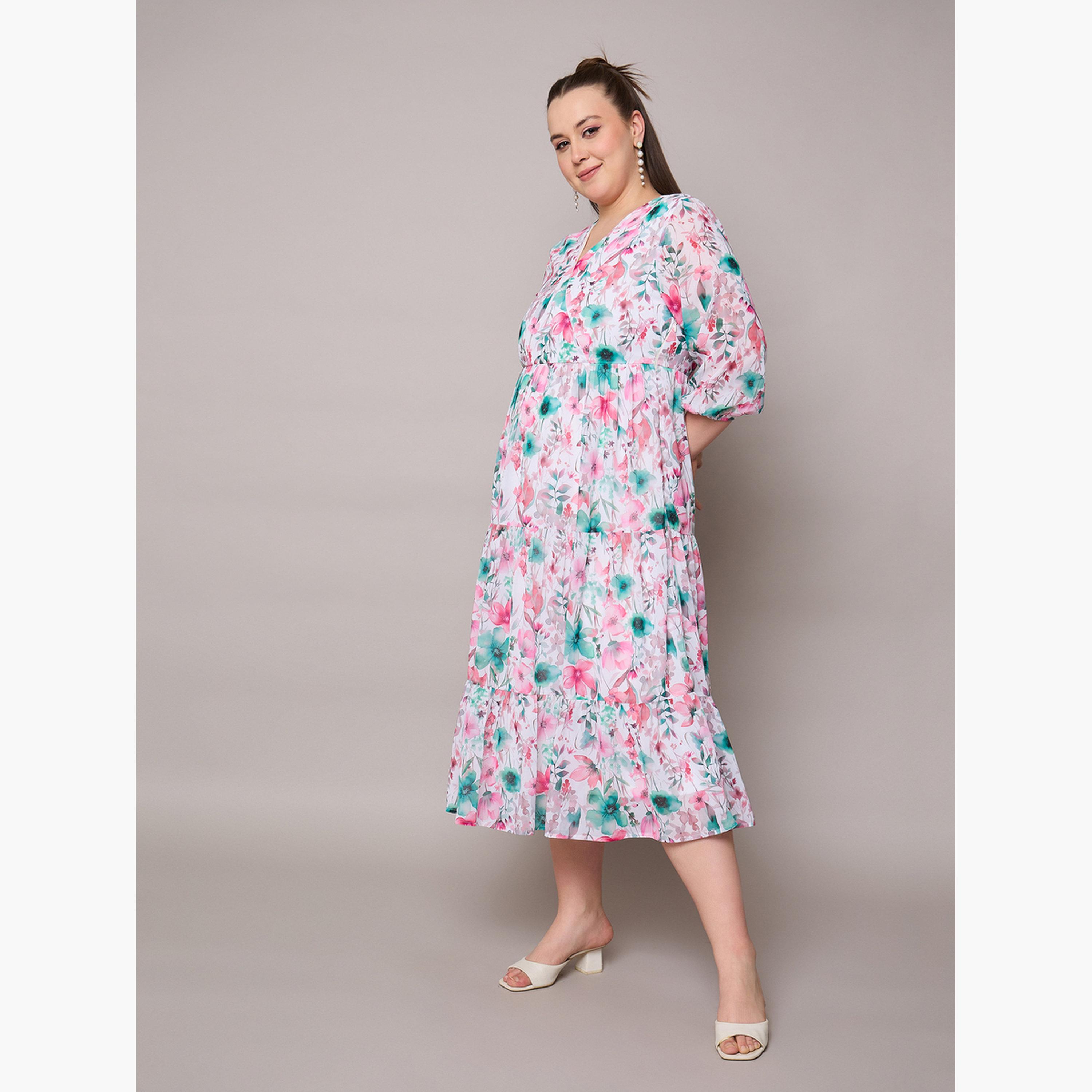 ساسافراس - فستان متوسط الطول ملفوف بطبعة زهور مقاس واسع-women-clothing-dresses-image-2