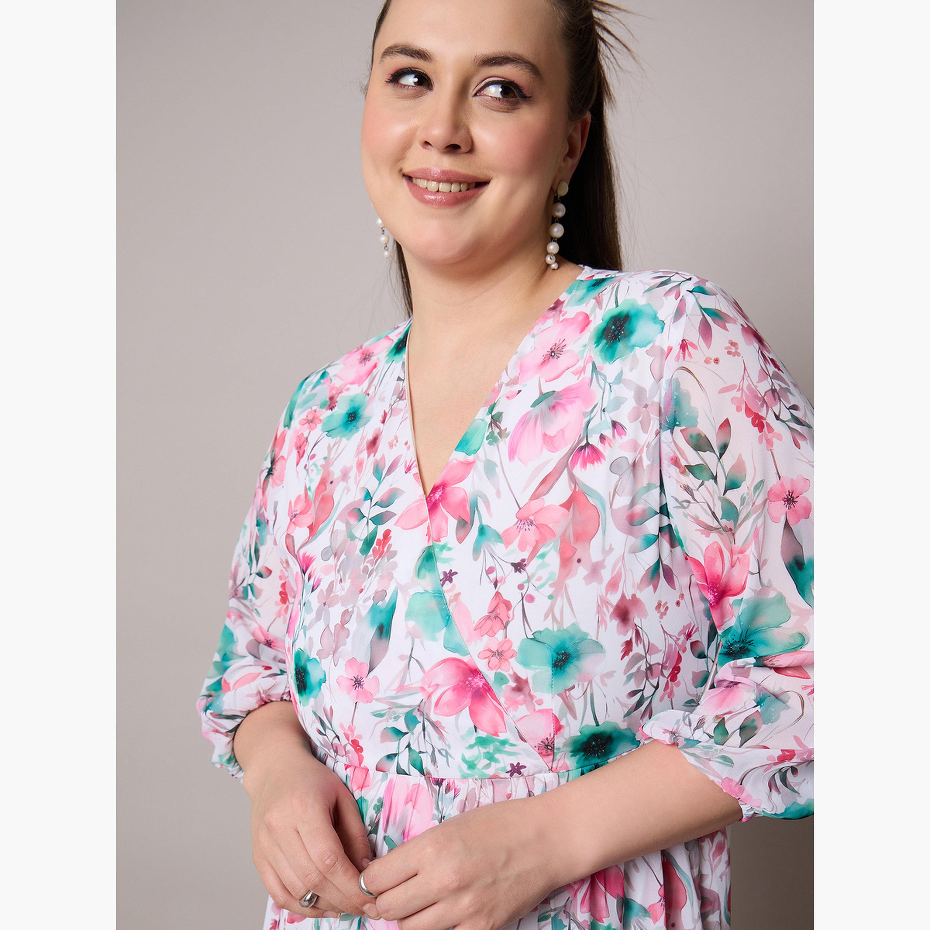 Sassafras Plus Size Floral Print Wrap Midi Dress-women-clothing-dresses-image-4