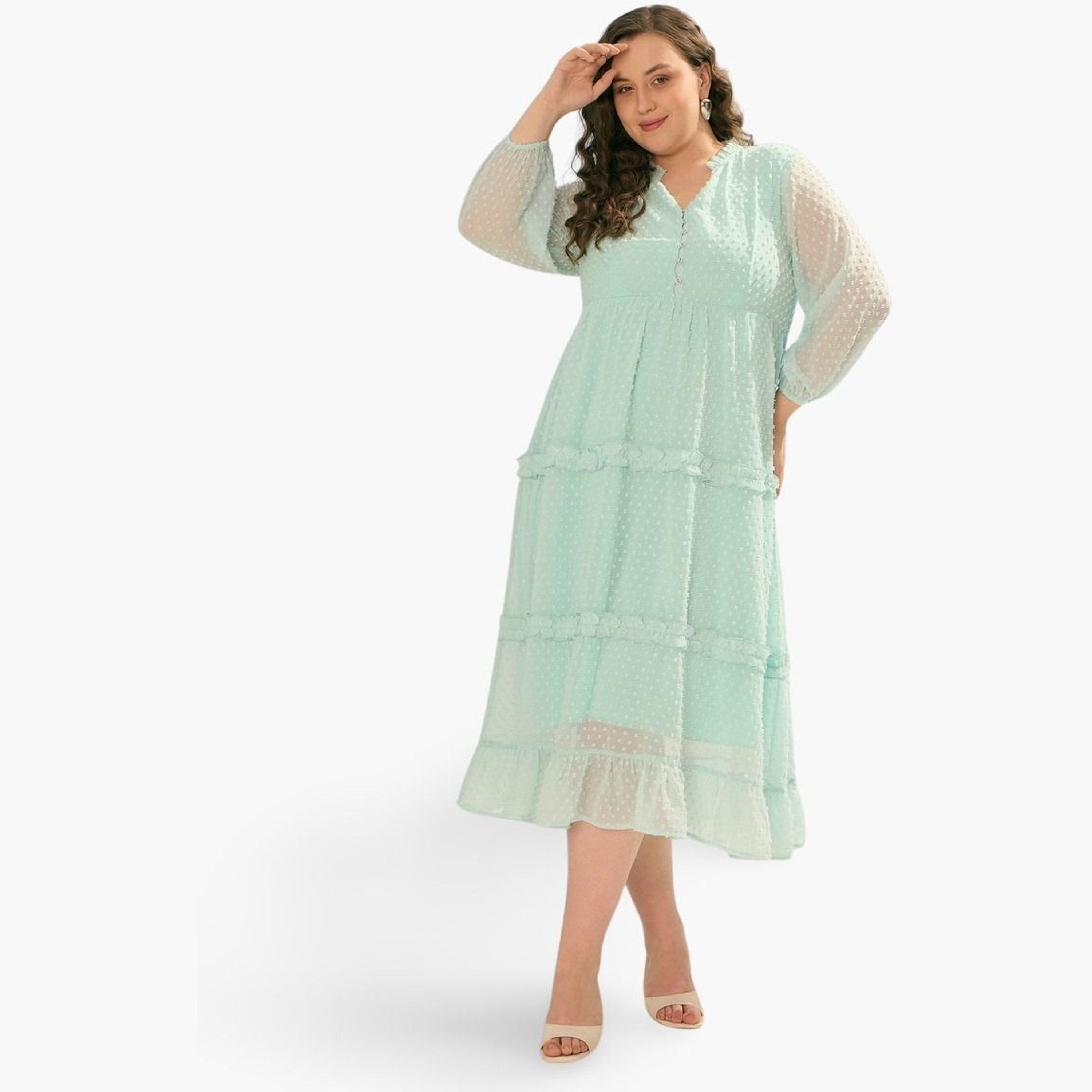 ساسافراس - فستان دوبي متوسط ​​الطول بأزرار ومقاس واسع-women-clothing-dresses-image-1