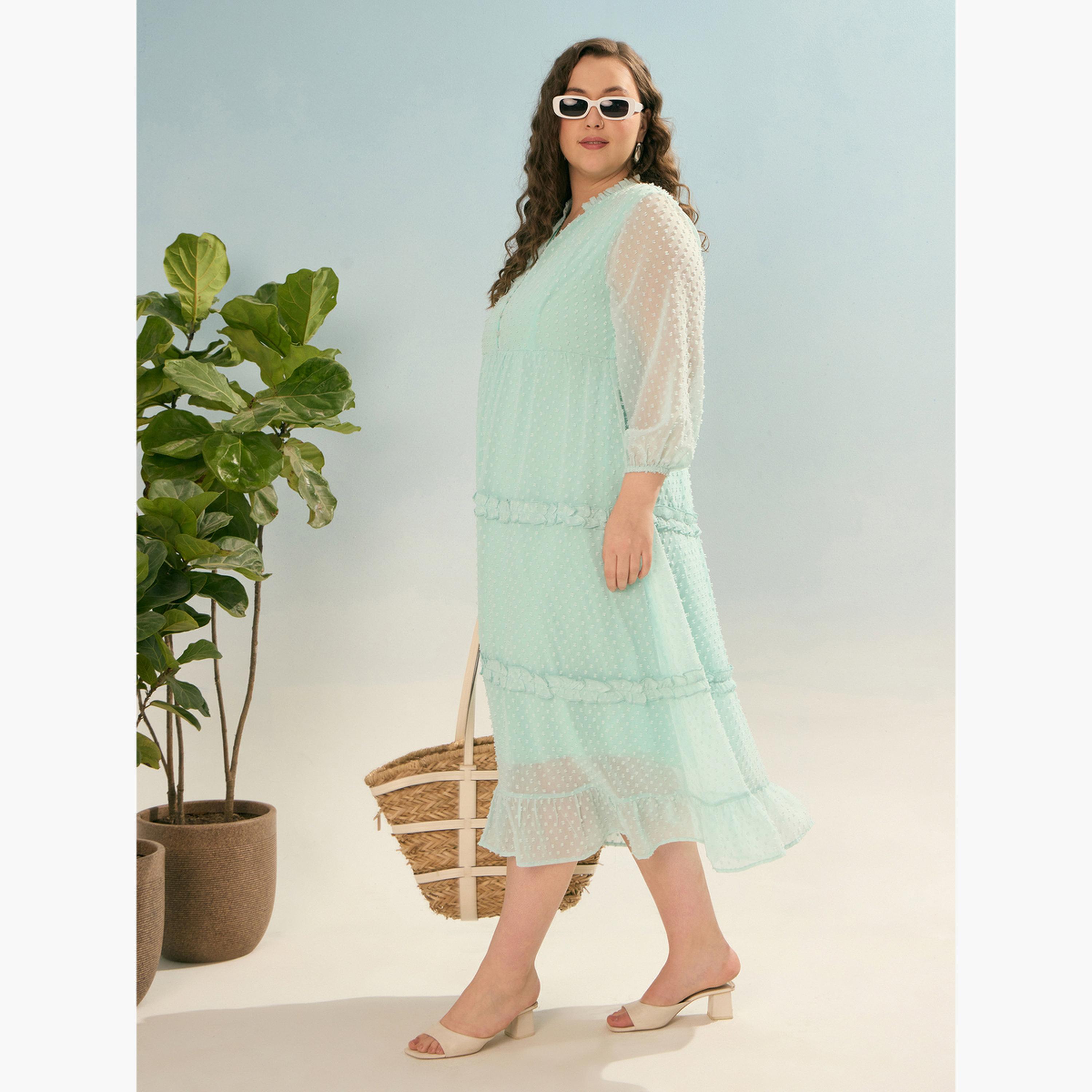 Sassafras Plus Size Dobby Buttoned Tiered Midi Dress-women-clothing-dresses-image-2
