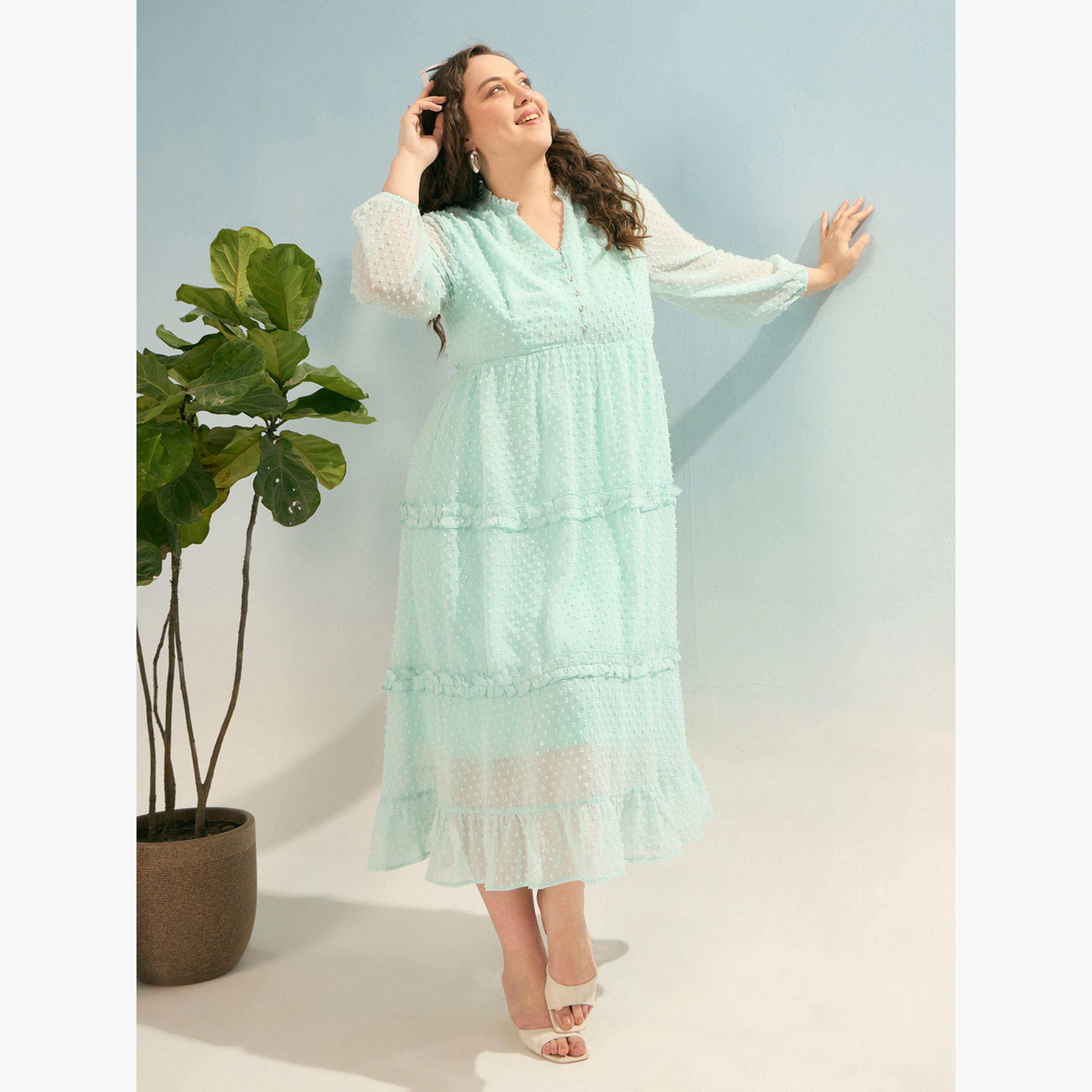 Sassafras Plus Size Dobby Buttoned Tiered Midi Dress-women-clothing-dresses-image-6