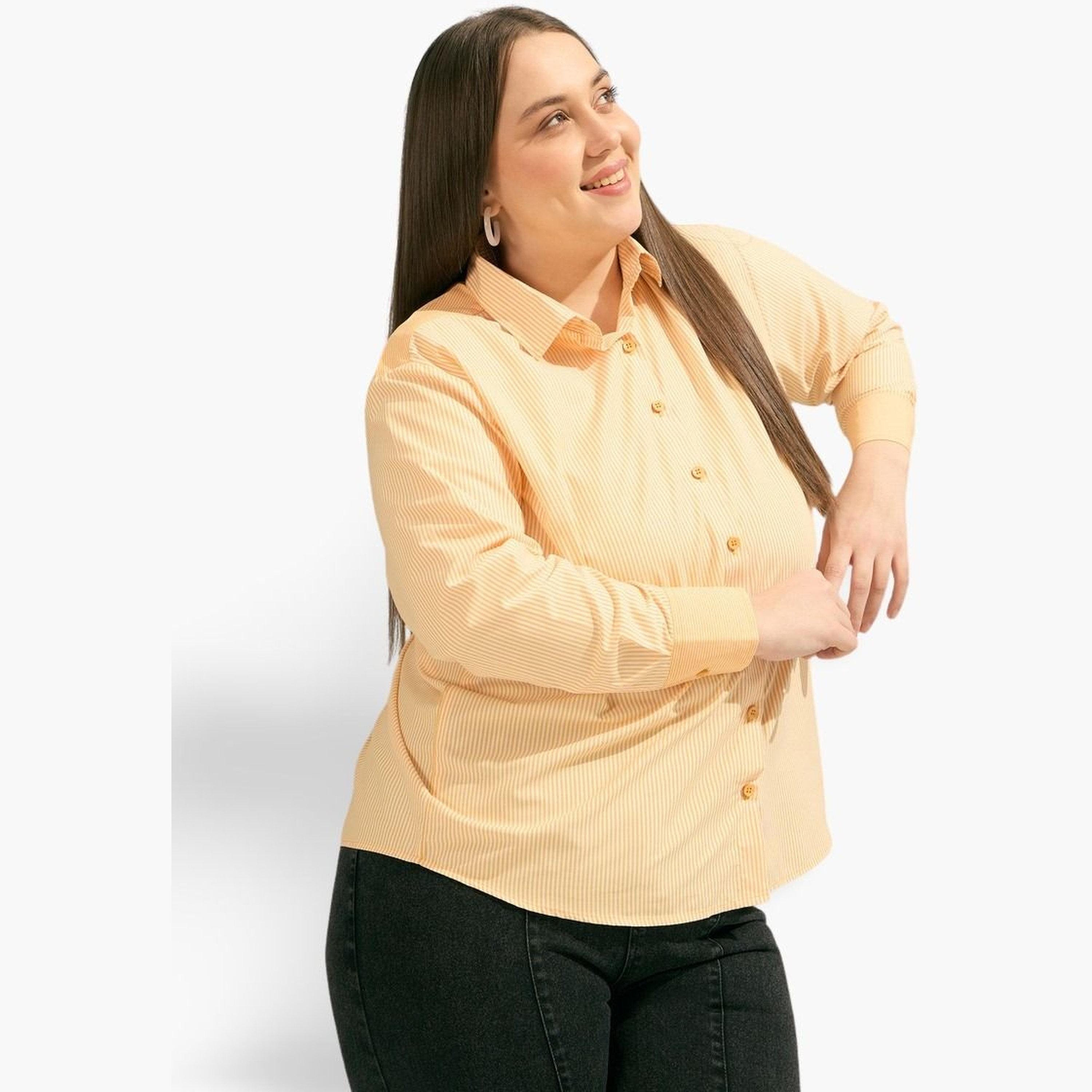 Sassafras Plus Size Yellow Striped Long Sleeve Shirt-women-clothing-shirtsandblouses-shirts-image-1