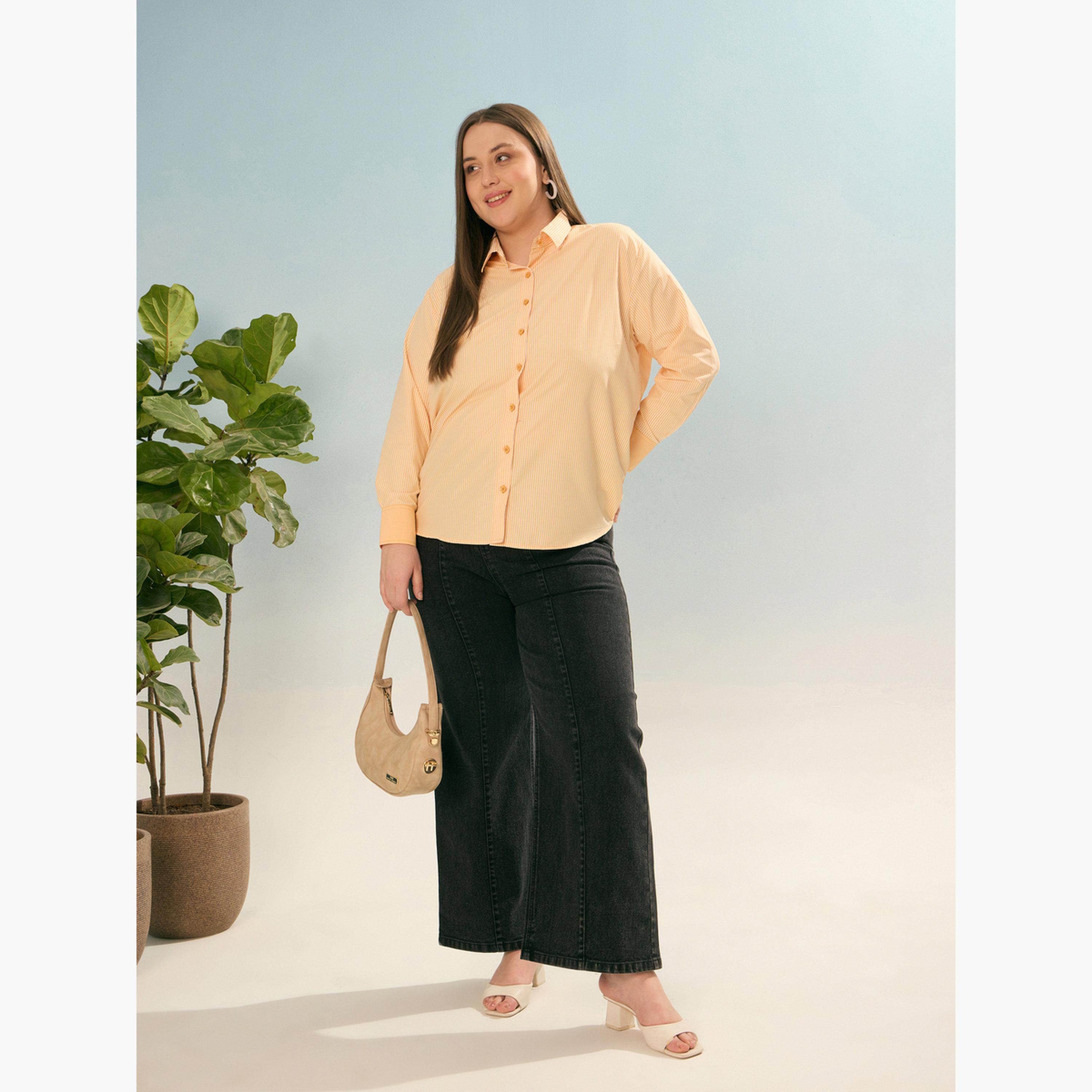 Sassafras Plus Size Yellow Striped Long Sleeve Shirt-women-clothing-shirtsandblouses-shirts-image-2