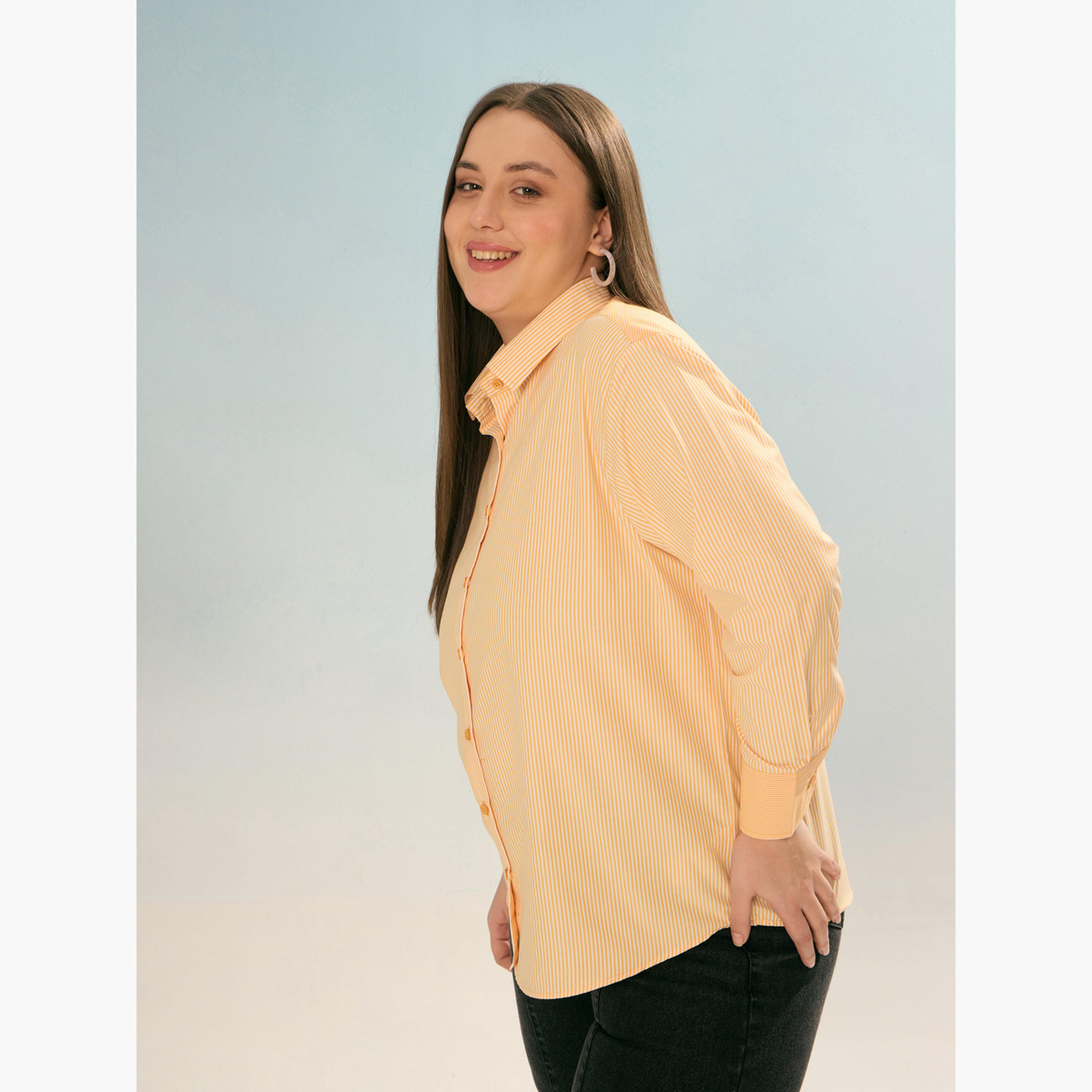 Sassafras Plus Size Yellow Striped Long Sleeve Shirt-women-clothing-shirtsandblouses-shirts-image-3